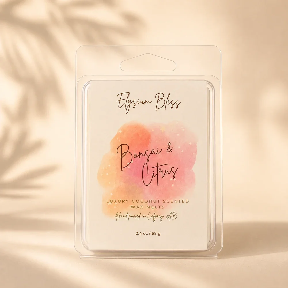 Elysium Bliss Bonsai & Citrus luxury coconut wax melts in a clear clamshell with watercolour label, on a warm cream background with soft palm-frond shadow.