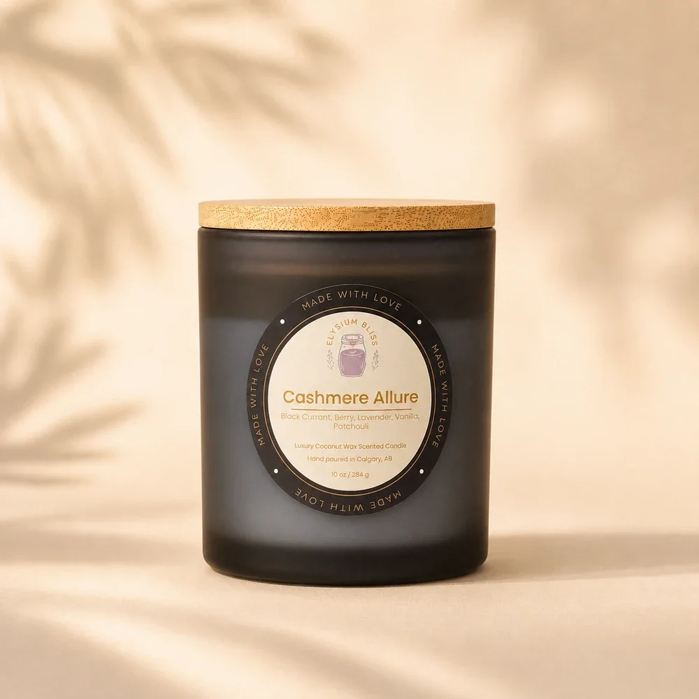 Cashmere Allure coconut wax candle by Elysium Bliss, hand poured in Calgary