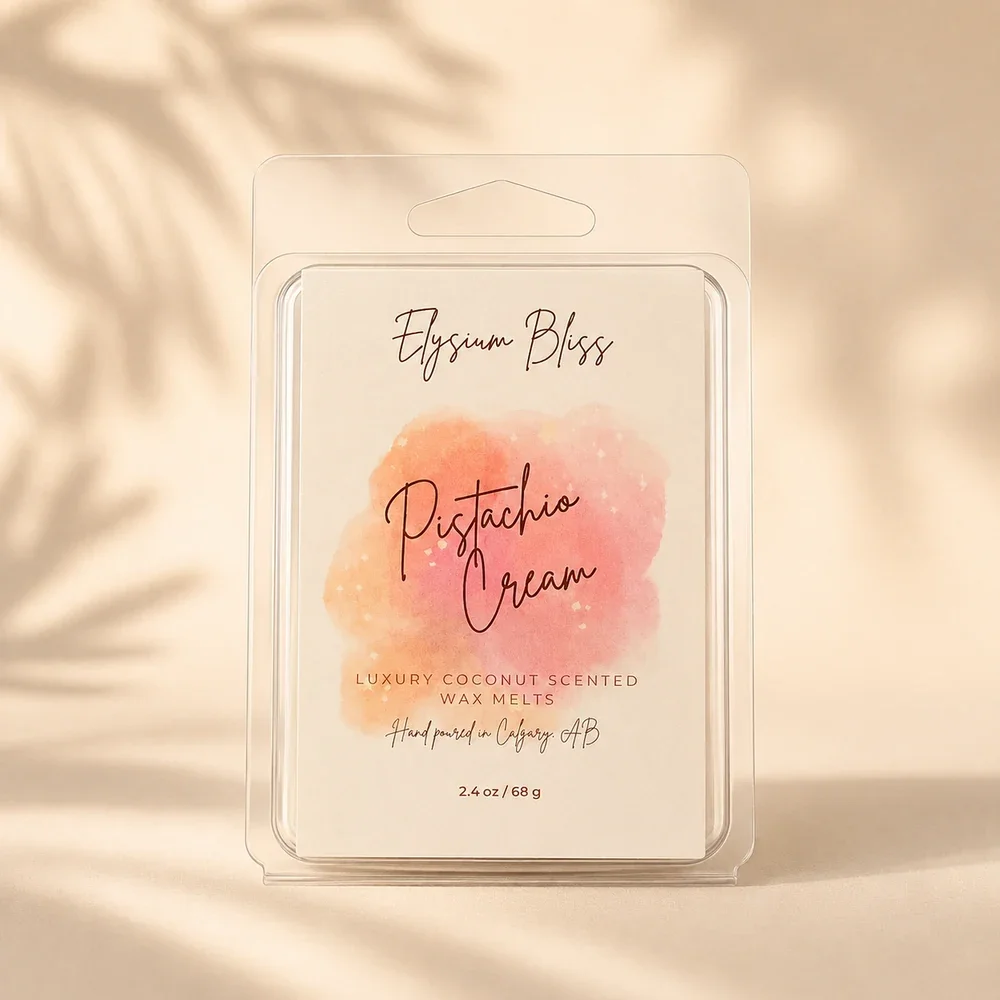 Elysium Bliss Pistachio Cream luxury coconut wax melts in a clear clamshell with watercolour label, on a warm cream background with soft palm-frond shadow.