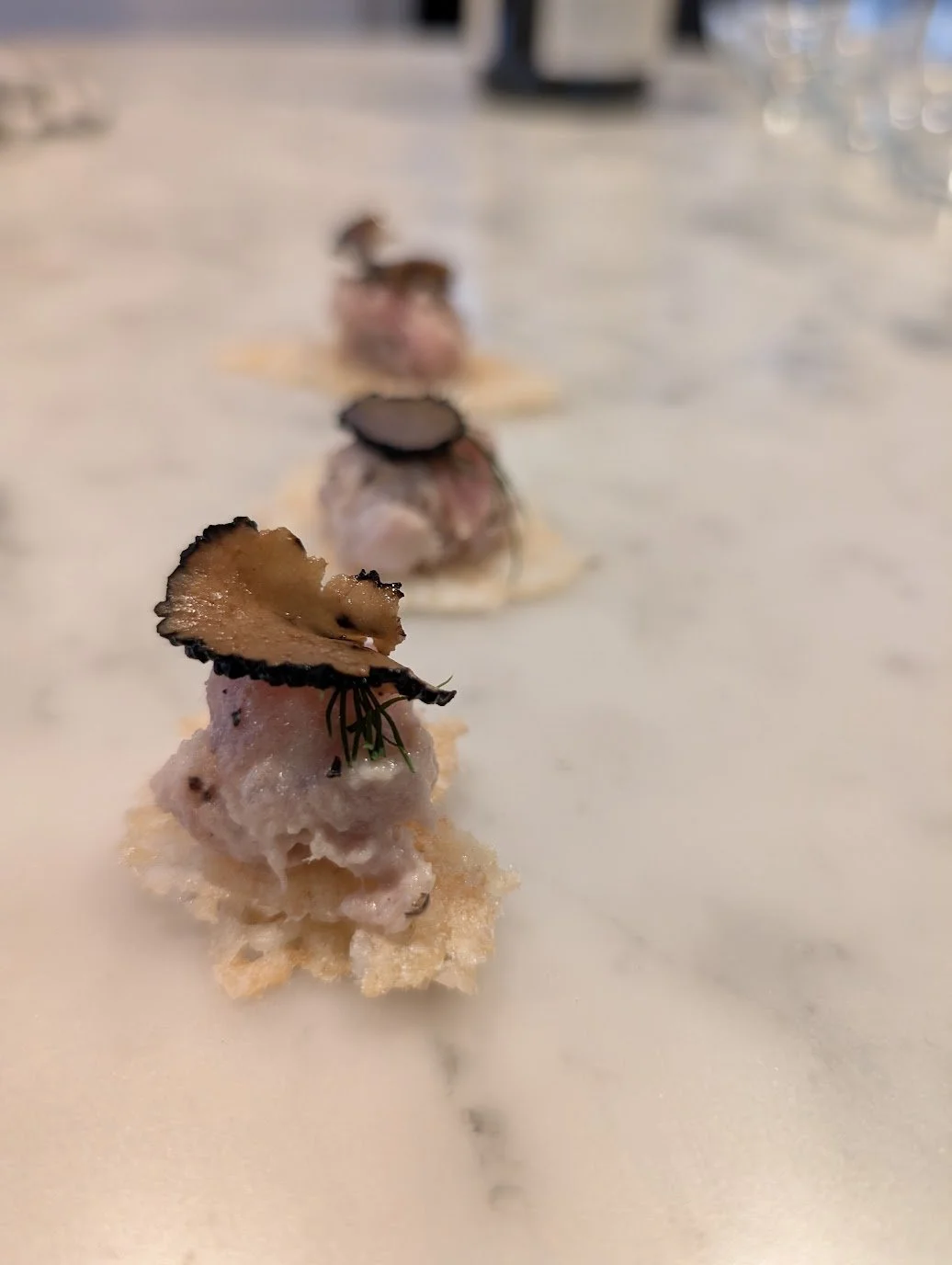 Close-up of a row of gourmet appetizers with sliced mushrooms and herbs on a light-colored surface.