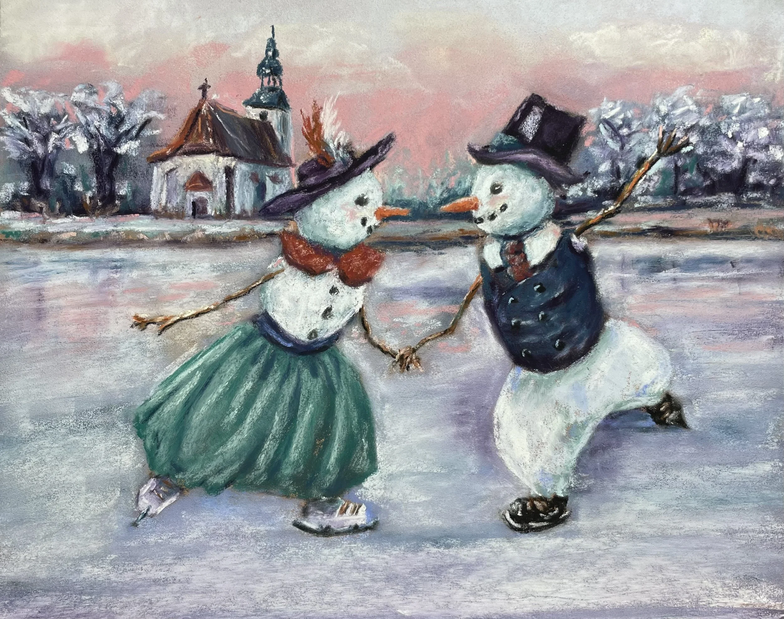 Two snowmen ice skating on an outdoor pond in soft pastel