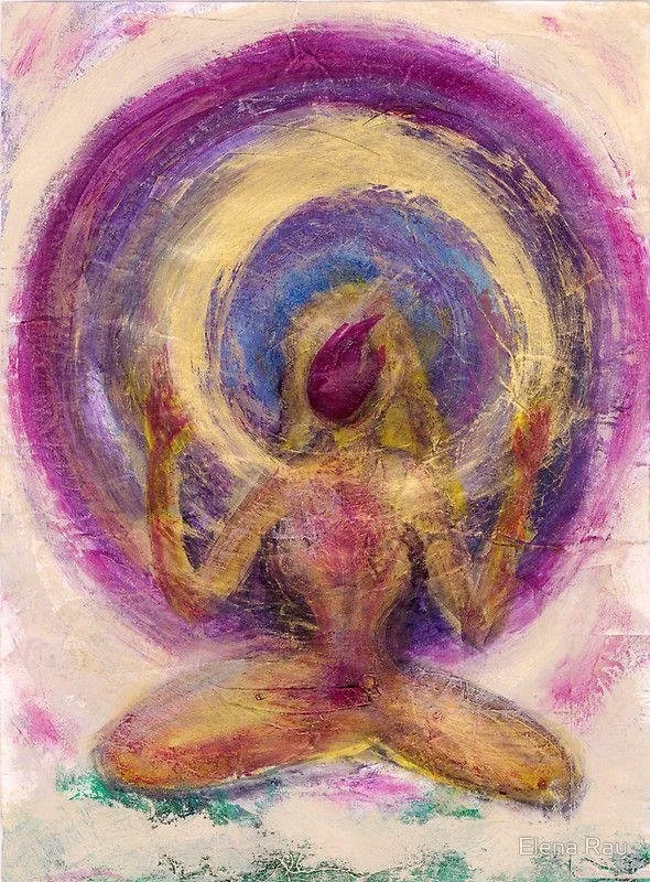 Abstract painting of a seated female figure with her hands raised, surrounded by swirling colors of purple, yellow, blue, and pink.