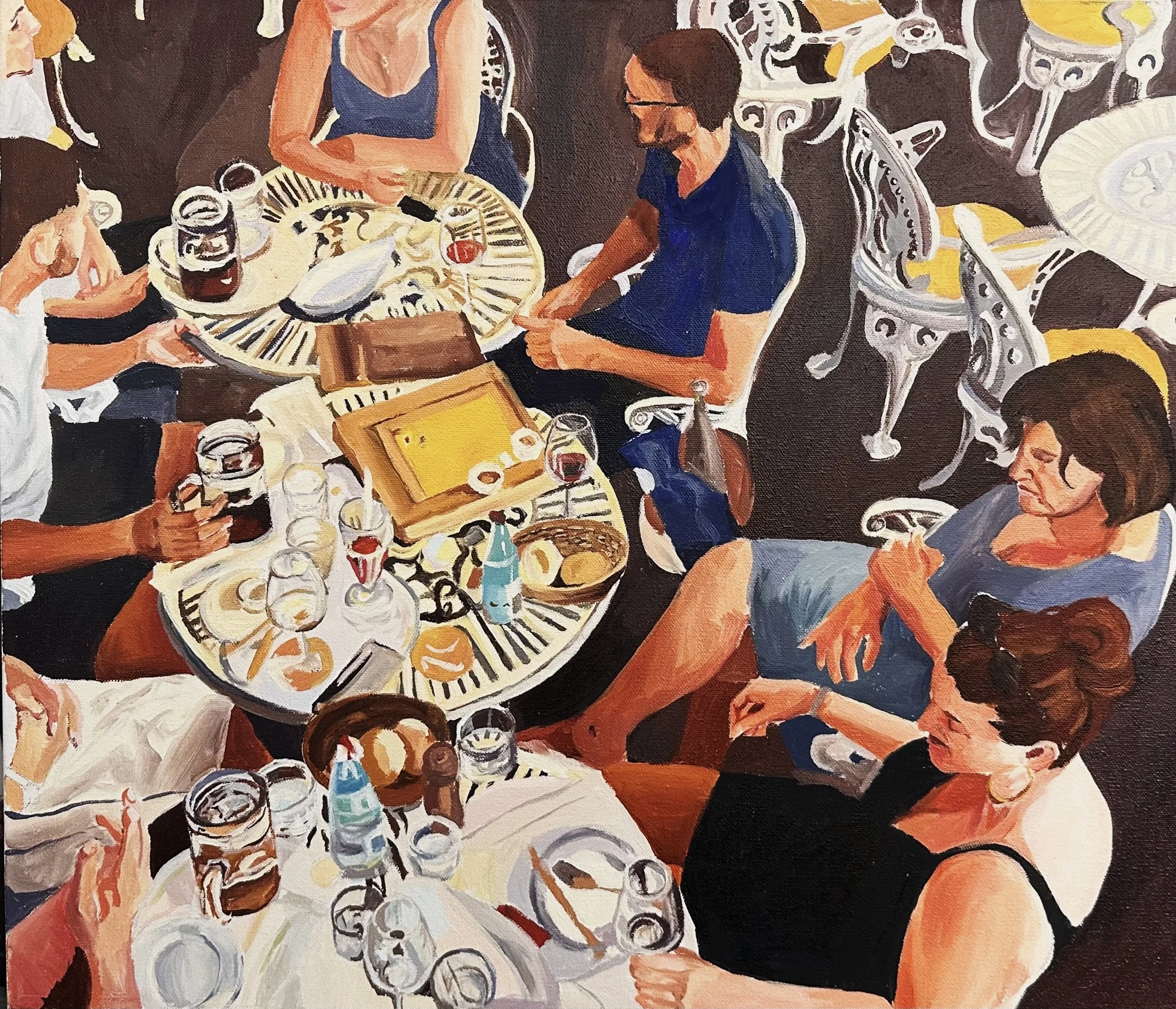 A painting of a dinner party scene with people sitting around a table, there are drinks and plates, and a woman with black hair and glasses sitting at the table.