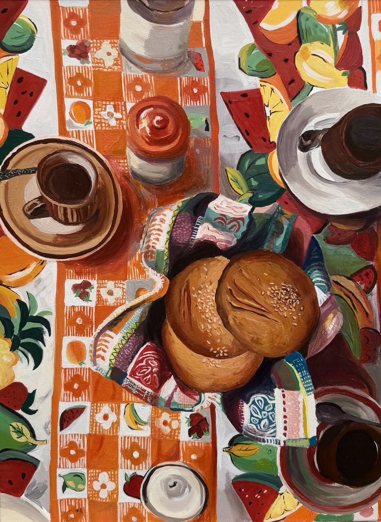 A colorful painting of a breakfast table with bread rolls, coffee, juice, and various fruits, on a vibrant orange and white checkered tablecloth with floral patterns.