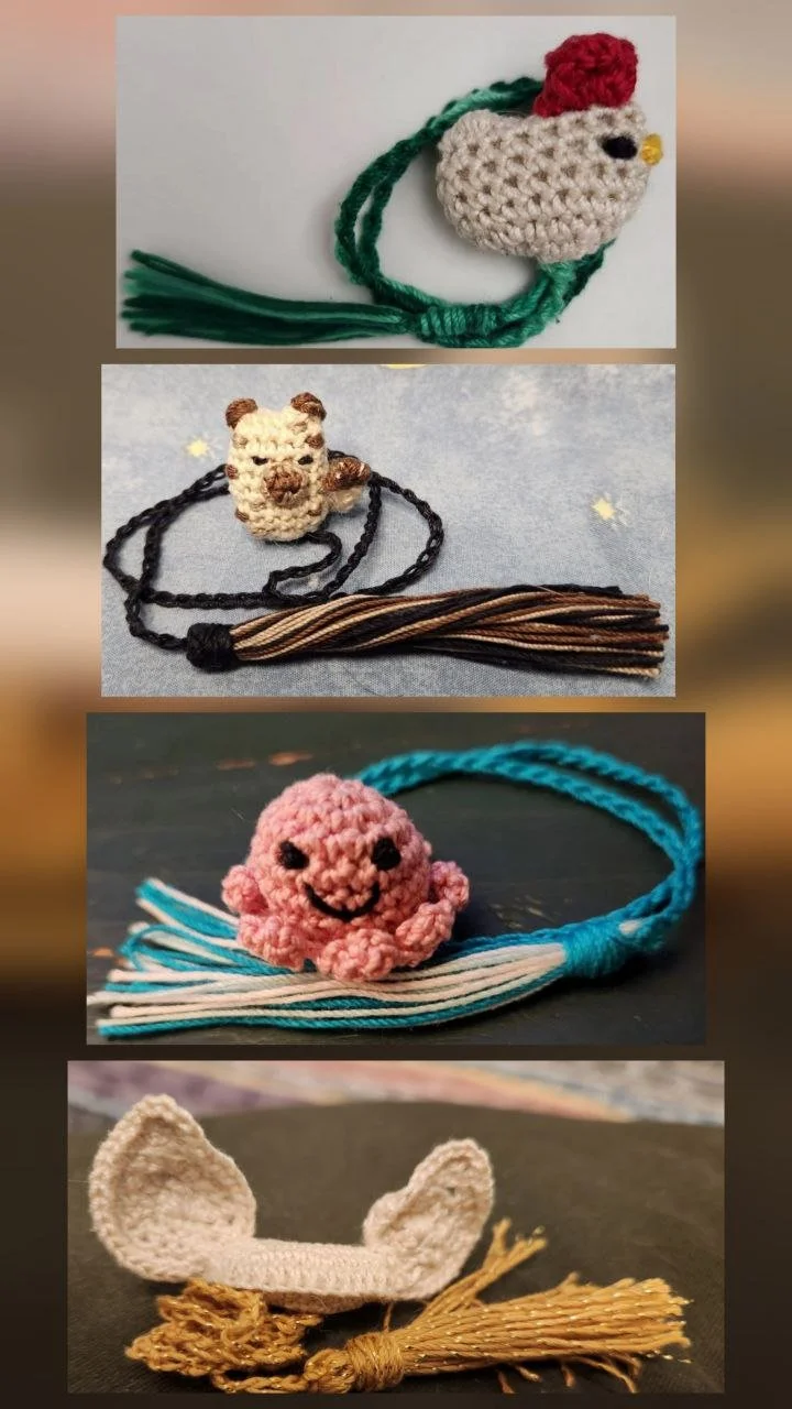 Crochet Bookmarks using Thread (pictured: chicken, hyena, octopus, fennec ears)
