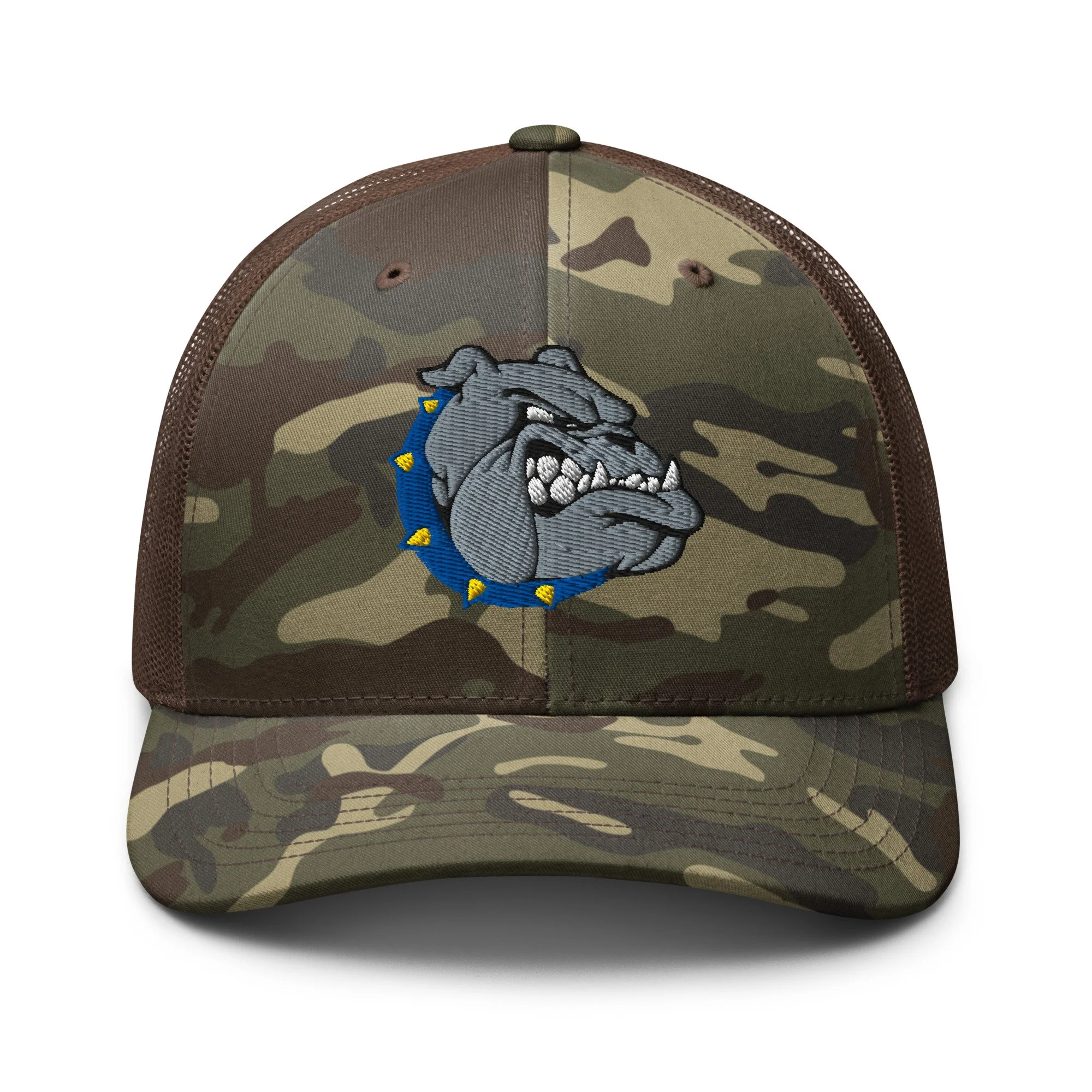 Alfred Ely Beach Bulldogs Camo Trucker Hat — Embroidered Bulldog Head