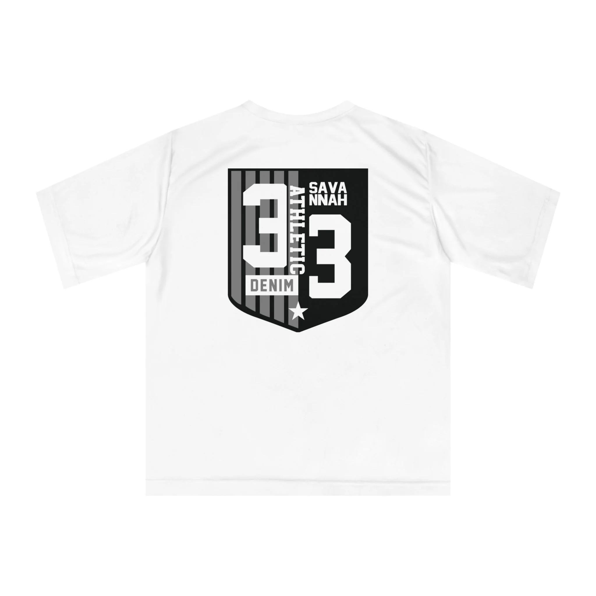 NicoSt. Athletic Shield Performance T‑Shirt — '33 Savannah' Sports Graphic - Wht