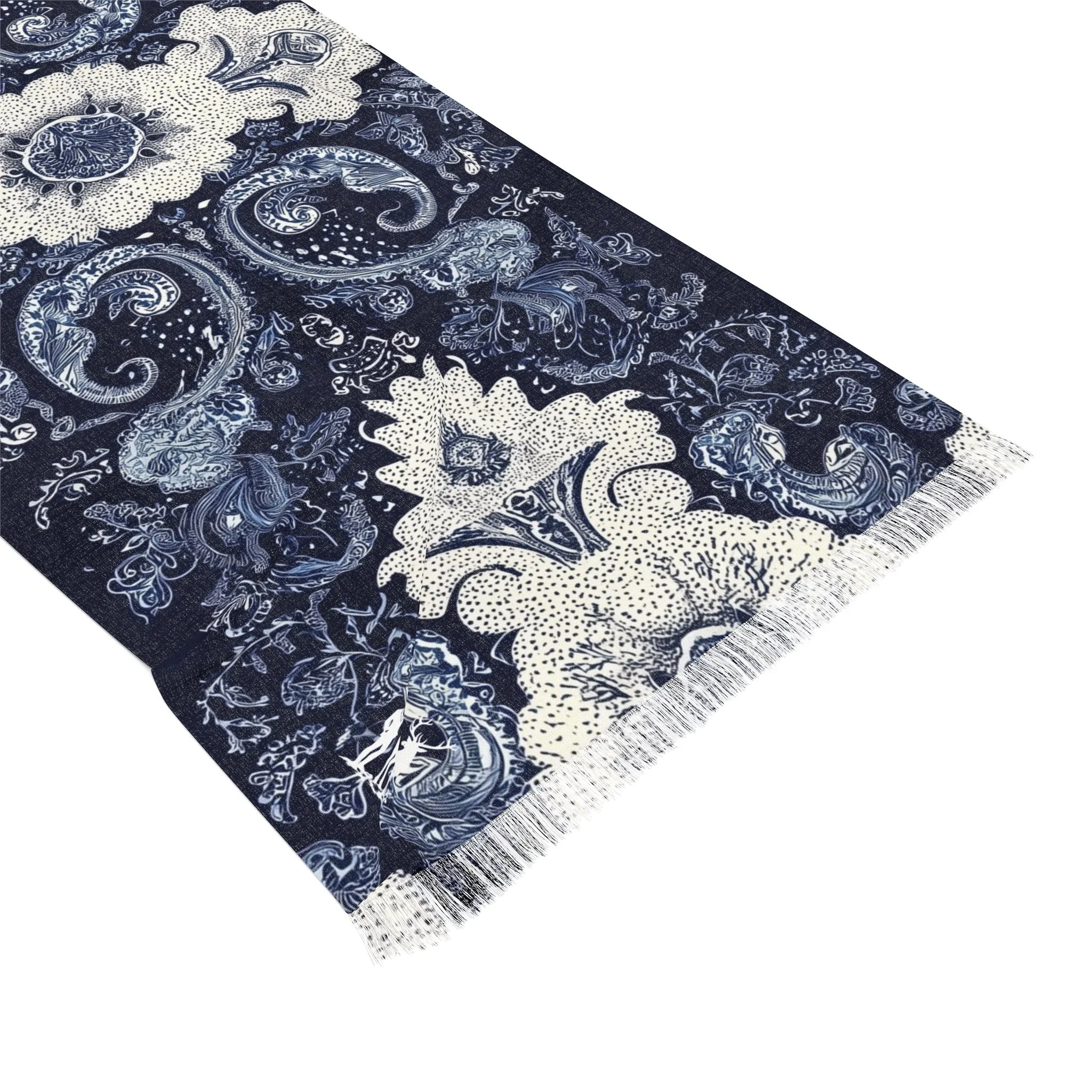 Ornate Navy Medallion Scarf — Lightweight Fringe Wrap