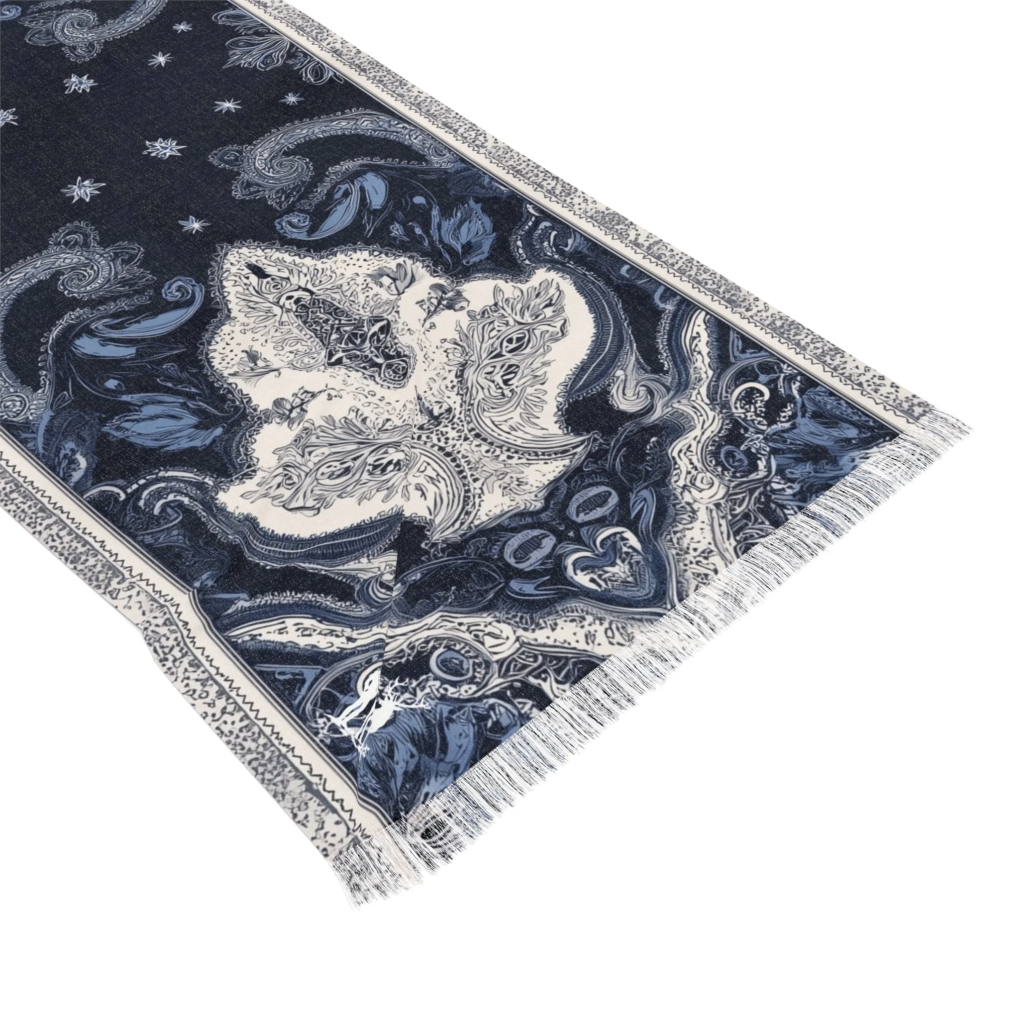 Elegant Navy Paisley Light Scarf – Lightweight Fringed Wrap