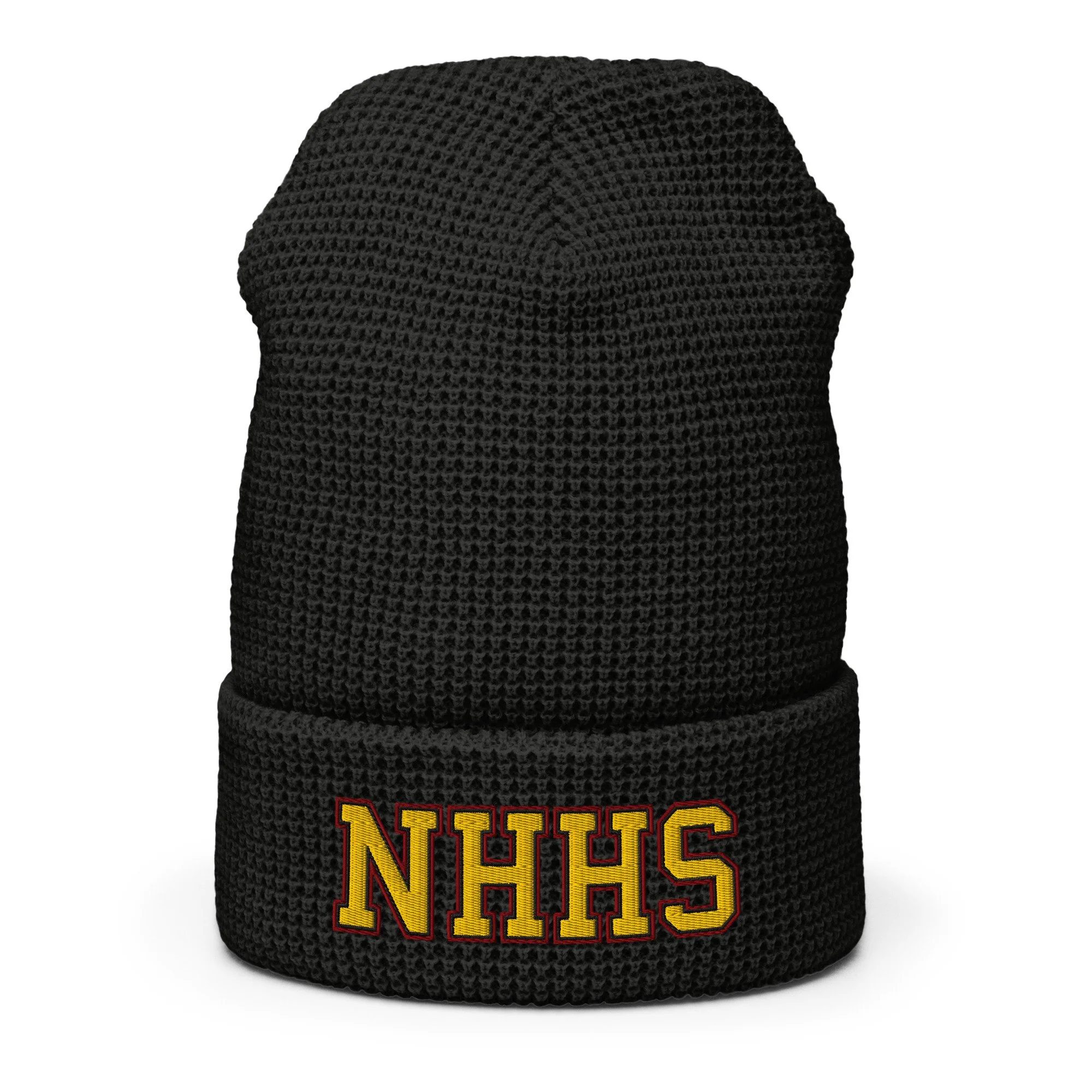 NHHS Waffle Beanie – Black with Gold + Maroon Outline NHHS