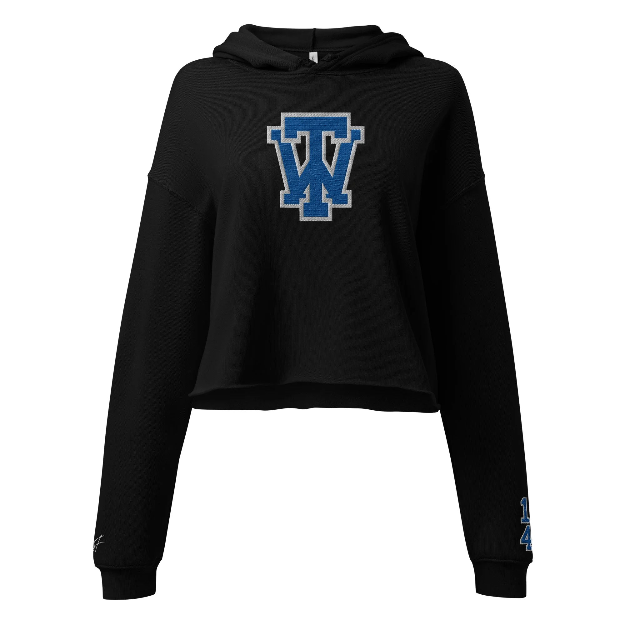 WT Interlocked Cropped Hoodie – Black with Royal & White Embroidery
