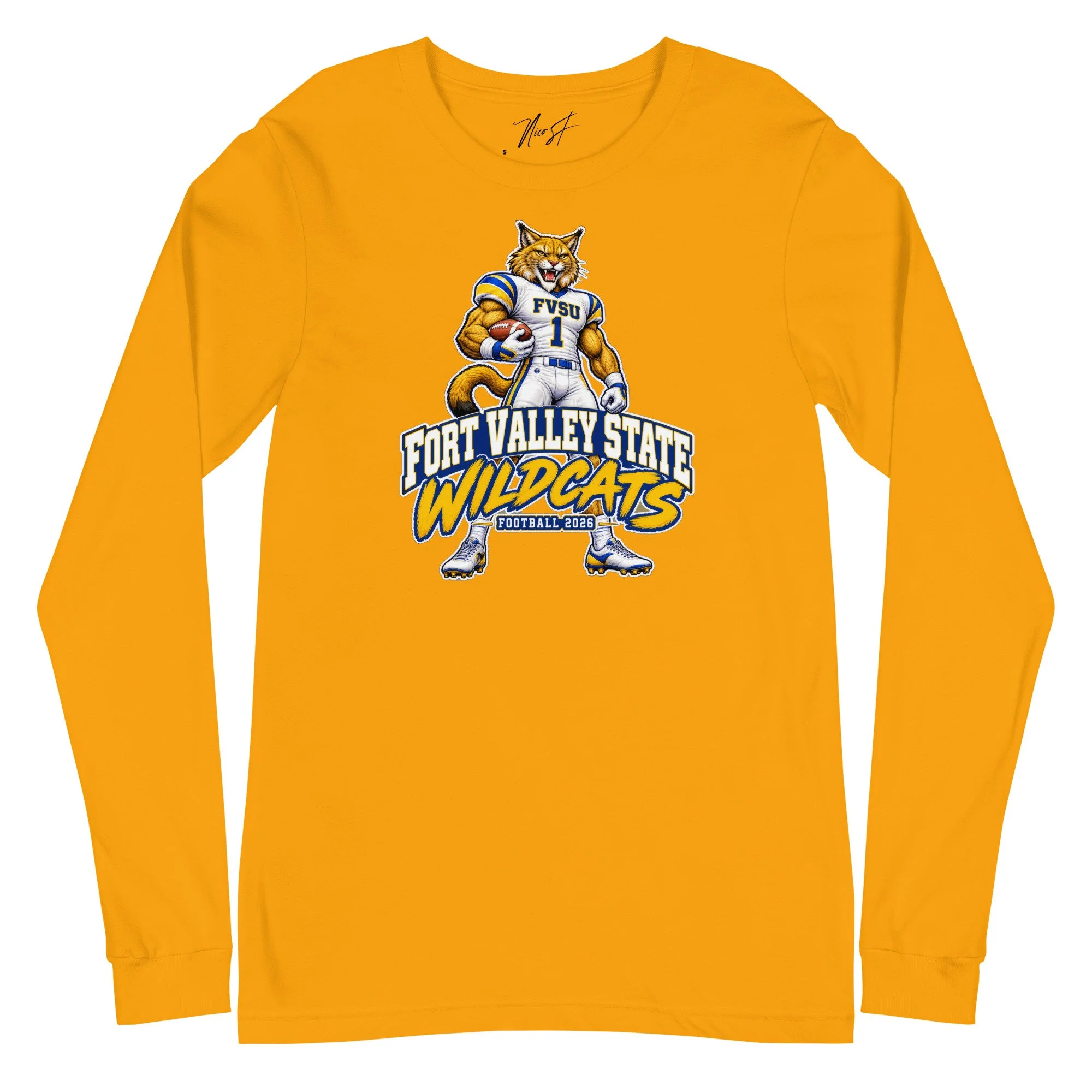 Fort Valley State Wildcats Mascot Long-Sleeve Tee — The Yard Collection — Gold