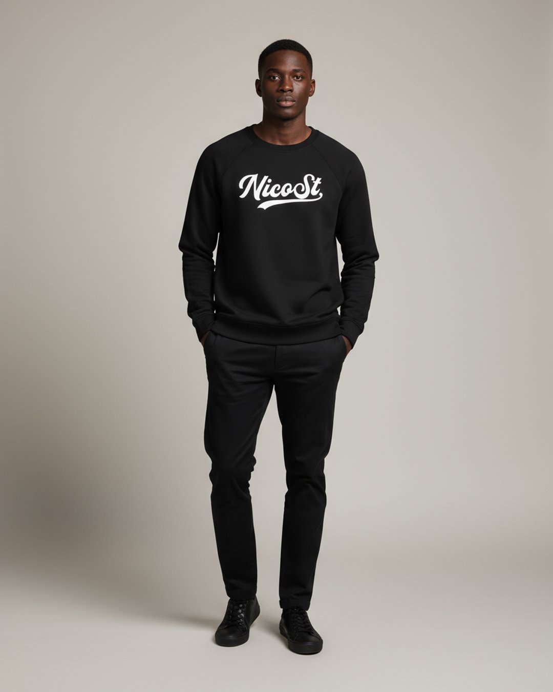 NicoSt Script Sweatshirt — Classic Black Raglan Crewneck