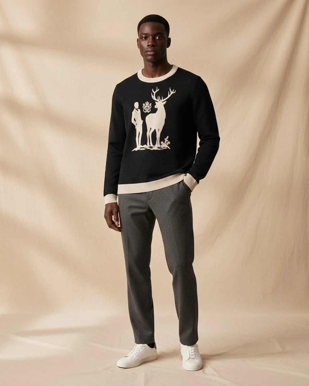 Nico St. Classic Fit Knitted Crew Neck Sweater - Black and Sand