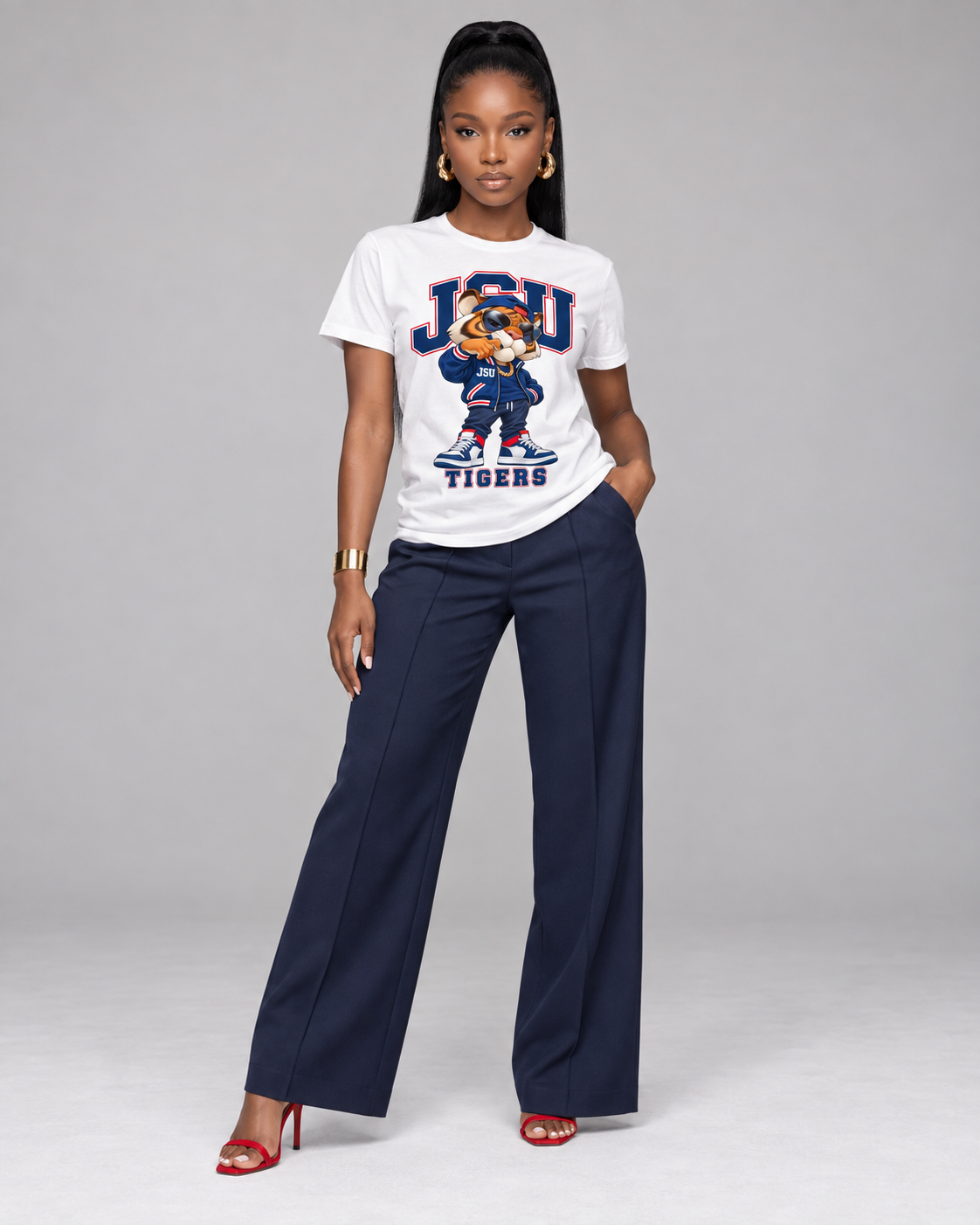 JSU Tiger Tee, Navy Trousers.png