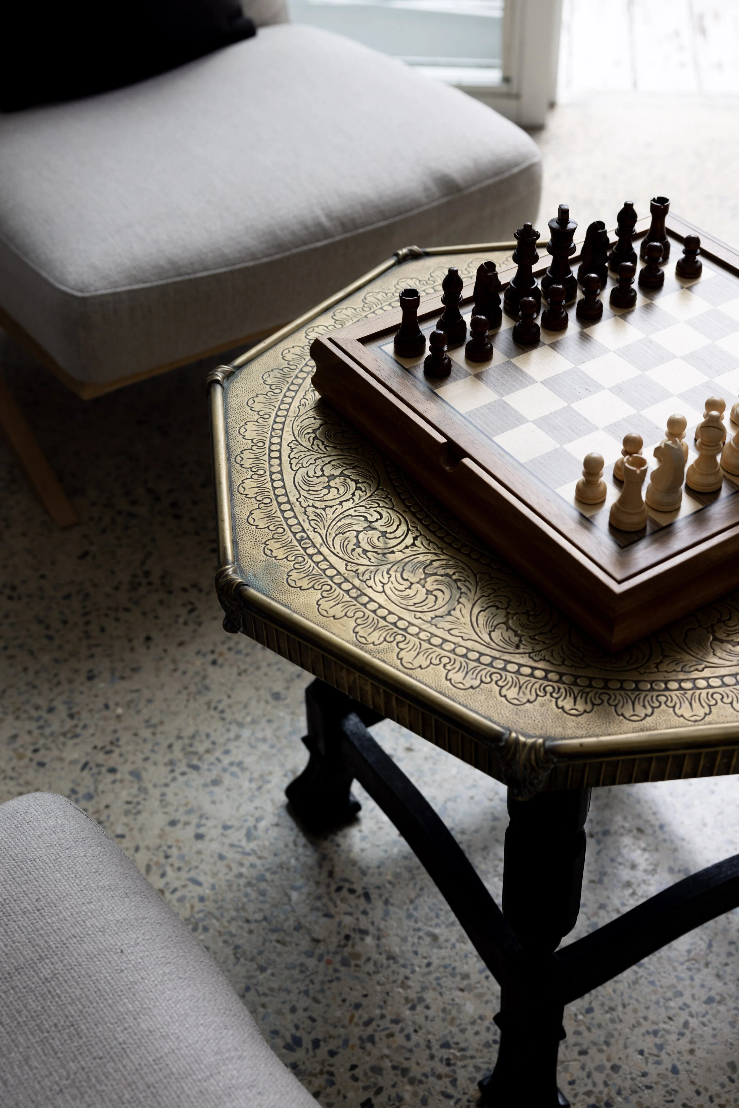 Handcrafted chess setting and coastal styling at Haven Oceana