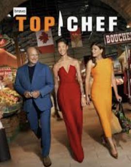 Tom, Gail & Kristen -  hosts walking in a grocery store with produce and Canadian flags, promoting a cooking competition show titled 'Top Chef'