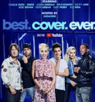 Promo poster for the TV show "Best. Cover. Ever." featuring six people standing in front of a blue background with event details. The celebs are Katie Perry, Nicky Jam & Keith Urban amongst others