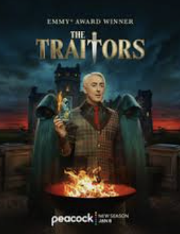 Poster for the TV show 'The Traitors' featuring Alan Cumming in historical attire holding a dagger with a flaming pit in front of castles and a dark, stormy sky background.
