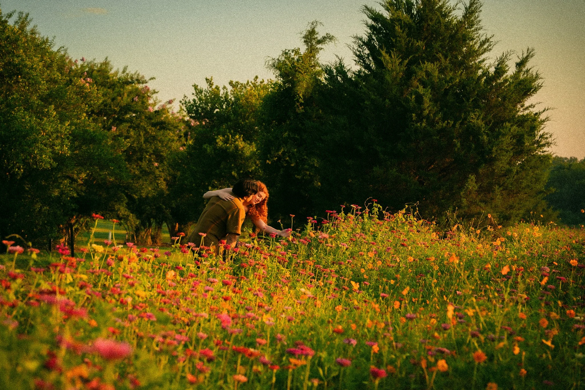 flower field couples engagement session