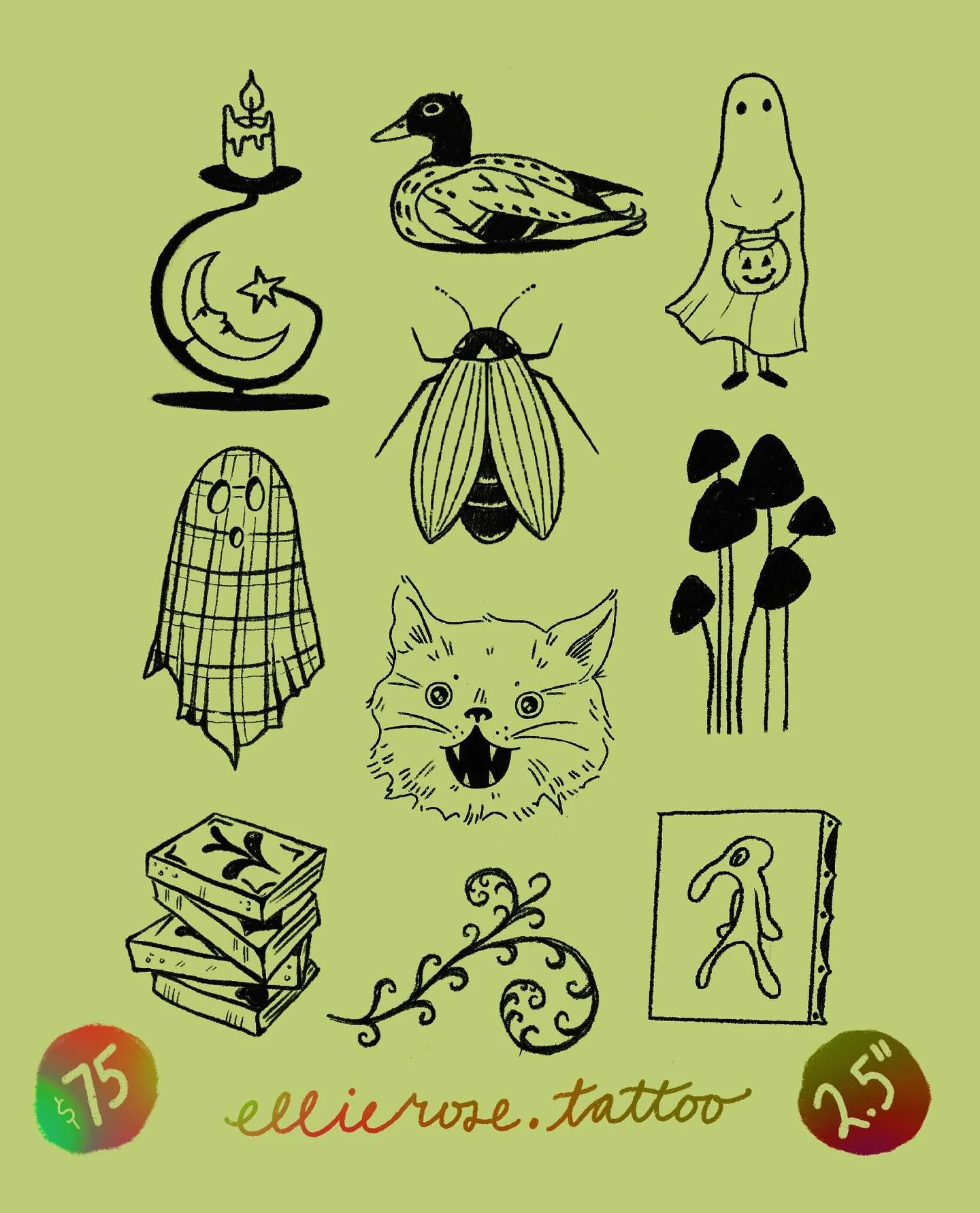 Flash for Saturday Oct 25th! Talking walk-ins starting at 10am. Set sizing and arms and legs only, pick 1 or 2 designs! 🧡