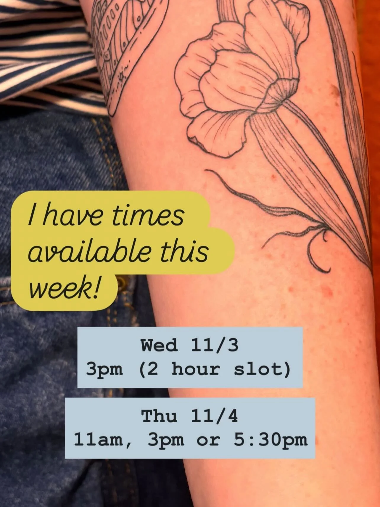 Some upcoming time slots! Times are usually flexible. Come get that coverup you&rsquo;ve been wanting, or flash you&rsquo;ve been eyeing! Always open for customs ✍️ 

Tattoos in Salem Oregon #salemoregon #corvallisoregon #portlandoregon #eugeneoregon