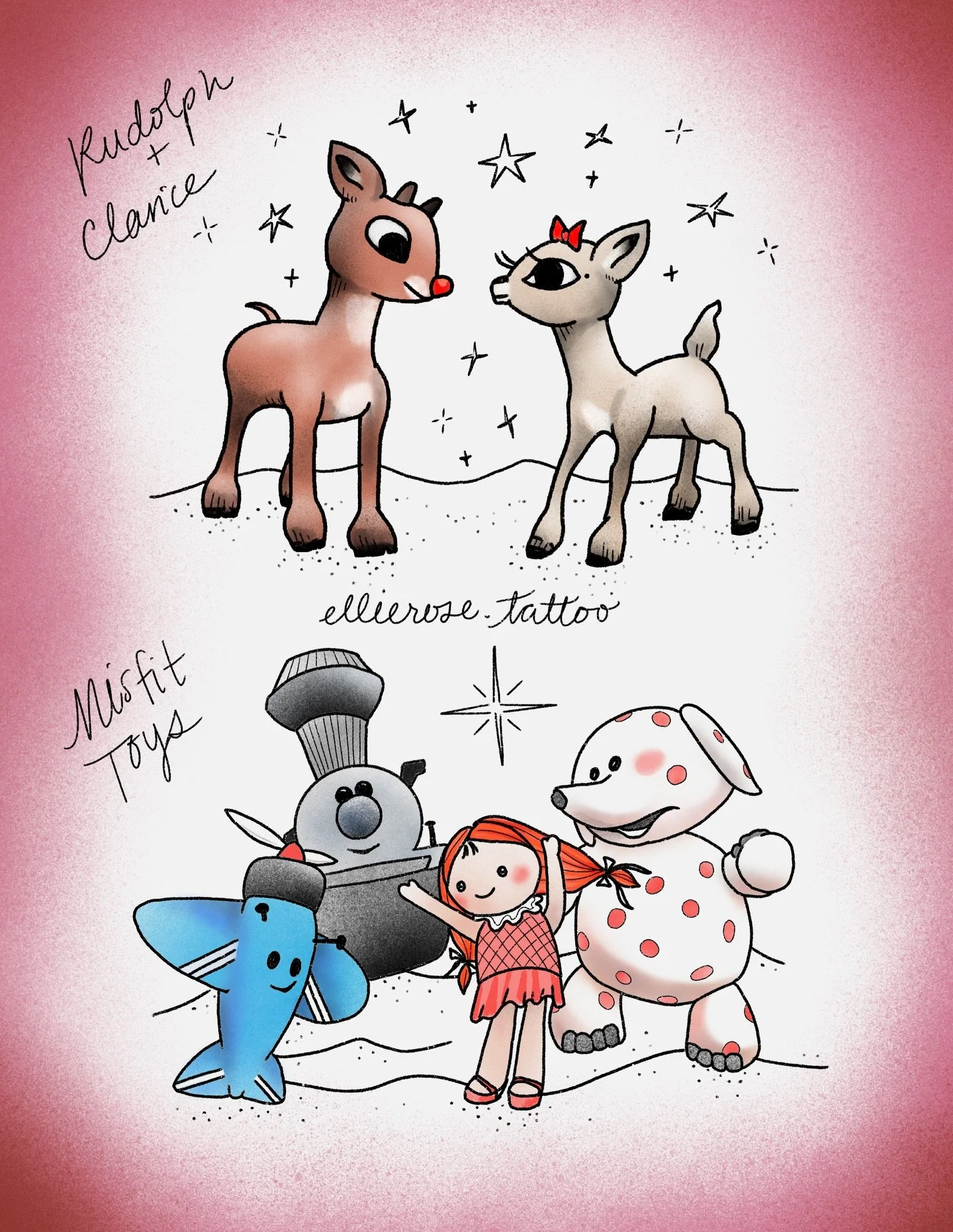 Christmas tattoos are the vibe🎄🎅☃️🤶⛷️🦌❄️ Any characters from Rankin/Bass Christmas movies could be done in this style ~ some other cool ones would be the Winter Warlock, Abominable Snowman, Heat Miser and Snow Miser as matching tattoos 🥵🥶 If yo