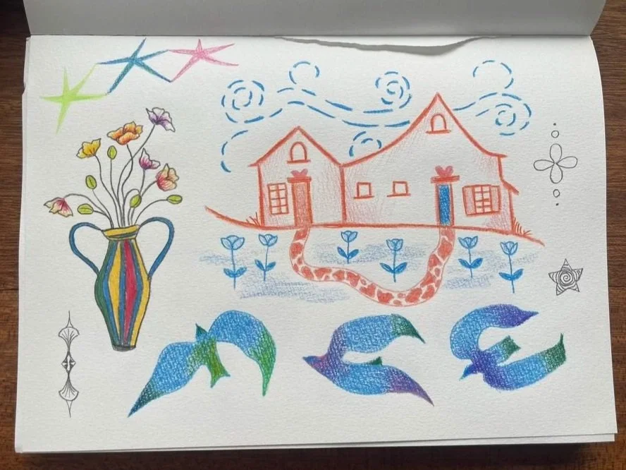 Colorful drawing featuring a house with a winding path, a vase with flowers, three dolphins, and various decorative elements.