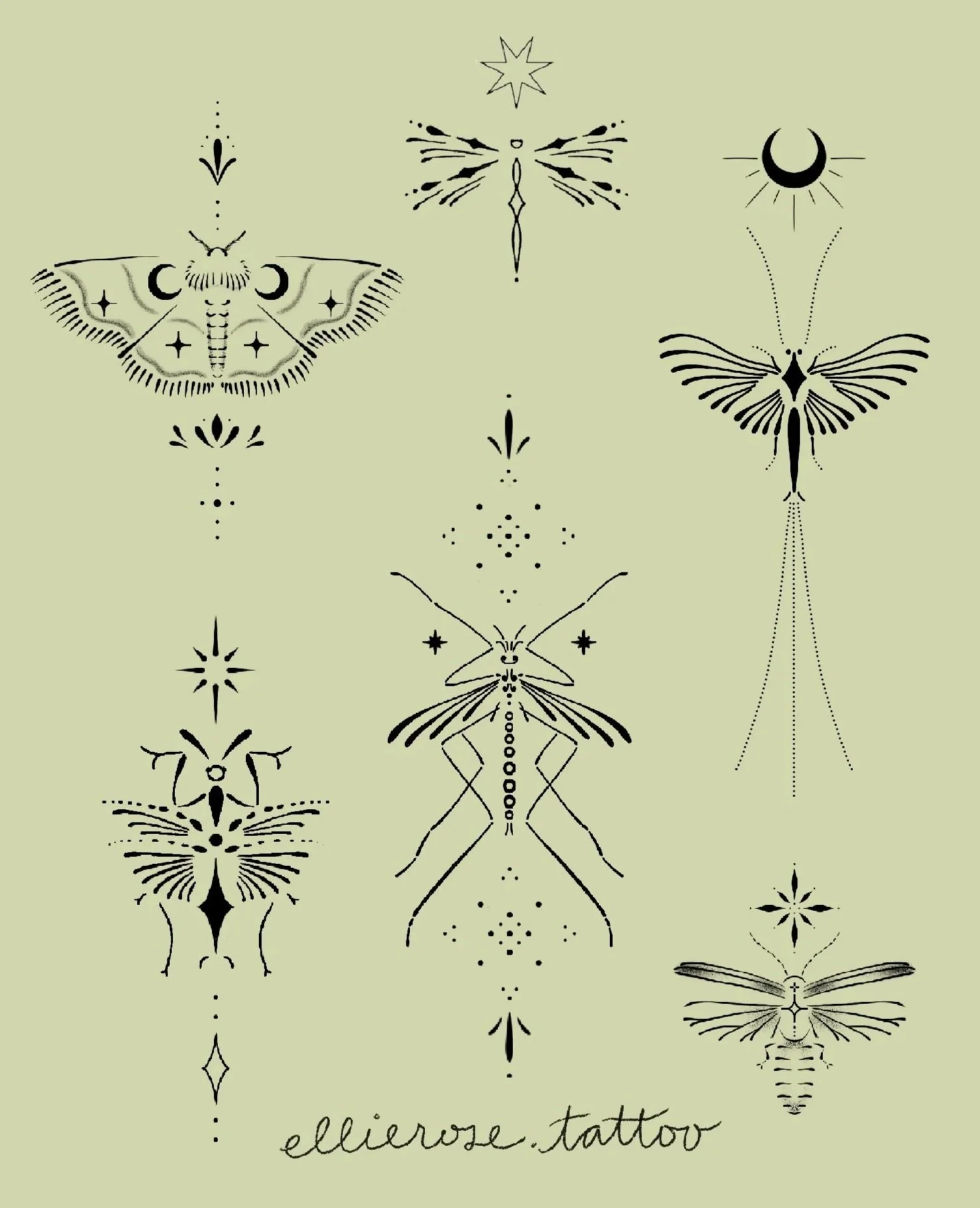 Collection of black infinity tattoo designs featuring various insects, moths, butterflies, and abstract celestial symbols on a light background, with the text 'ellierose.tattoo' at the bottom.