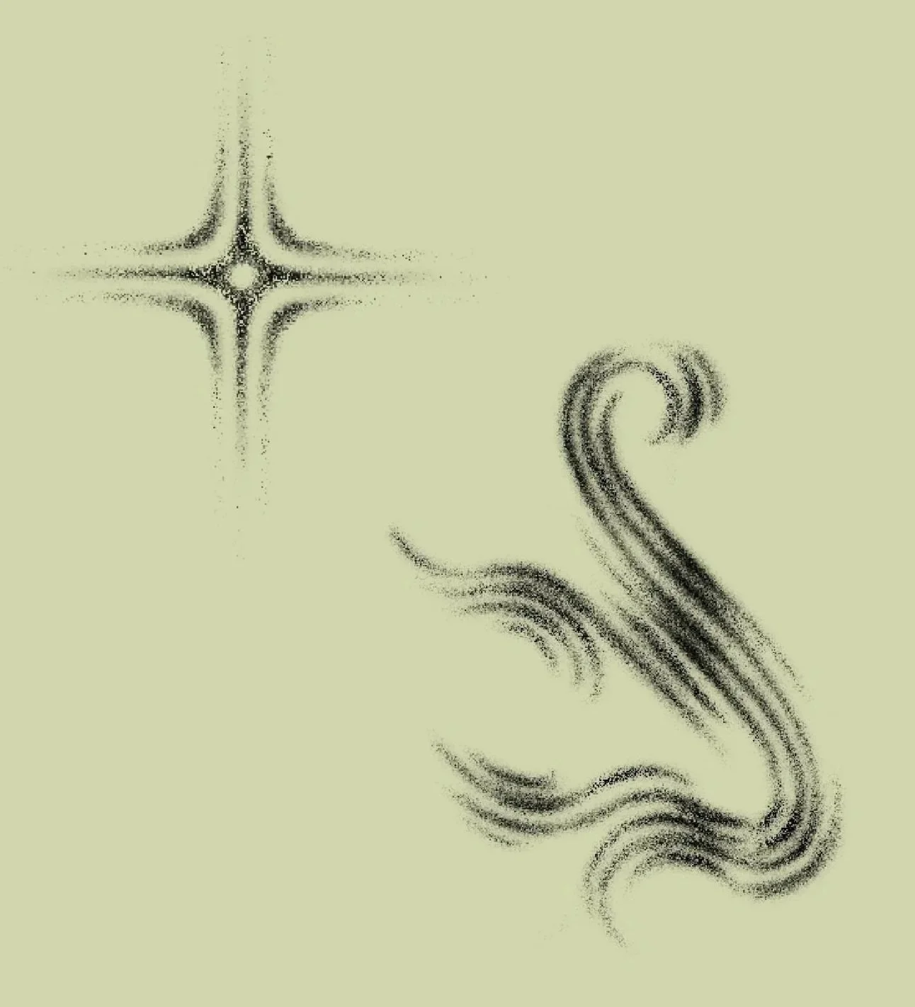 Abstract black spray-painted lines and shapes on a light green background, including a star-like shape and a wave pattern.