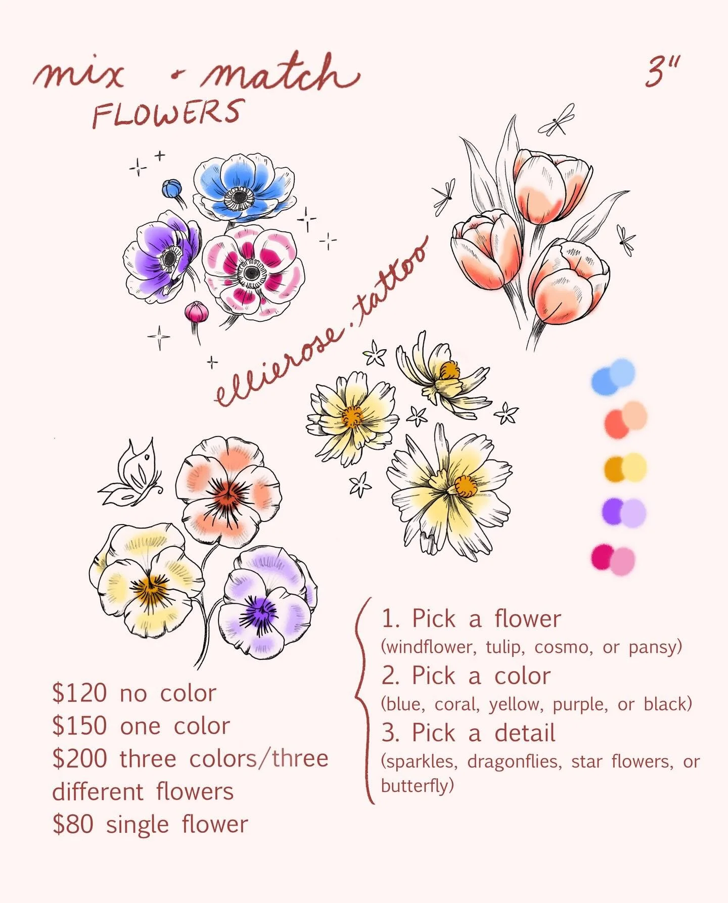FLASH DAY 3/20-3/21!

Please >>email<< ellierosetattoo@gmail.com with your flash choice and which slot you want! 3 flash sheets available at set pricing and set sizes. Arms and legs only. Deposit required!