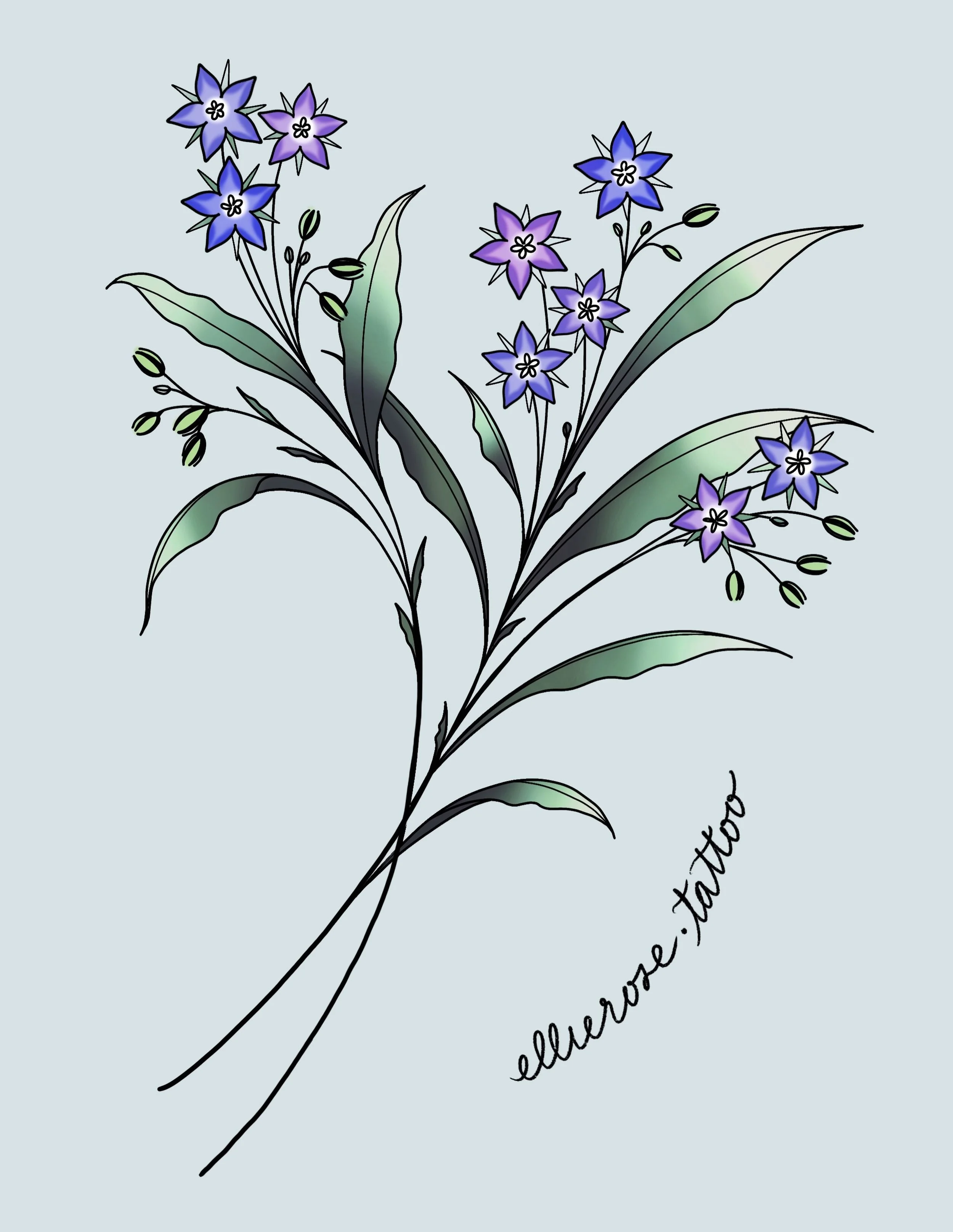 If you need a Salem, Oregon based tattoo artist who loves to tattoo plants, I&rsquo;m right here 🌱

Available tattoo design ~ borage flowers! This could be any size 10&rdquo; or larger, and I&rsquo;d love to scale it up. Priced hourly ~ email to cla