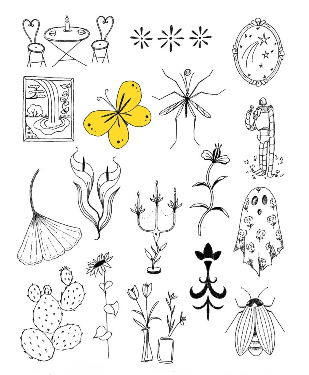 Collection of black and white drawings of flowers, insects, and decorative objects, including a yellow butterfly, a moth, a dragonfly, a butterfly, a cactus, a candle holder, a framed mushroom picture, a scene with waterfall and trees, a table with c