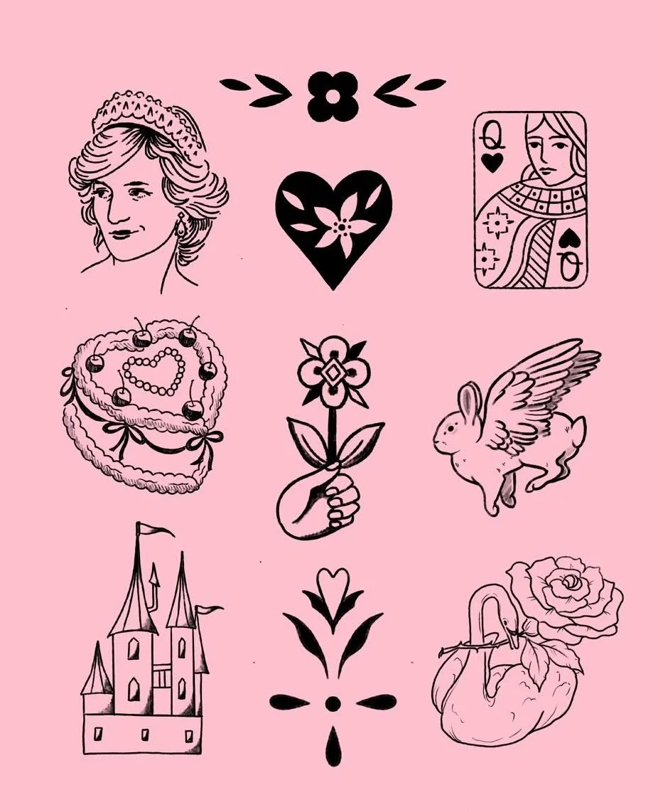 A collection of black line art illustrations on a pink background, including a woman's face with a hat, a Queen of Hearts playing card, a heart with a flower inside, a heart-shaped wreath with cherries, a flower held by a hand, a rabbit with wings, a