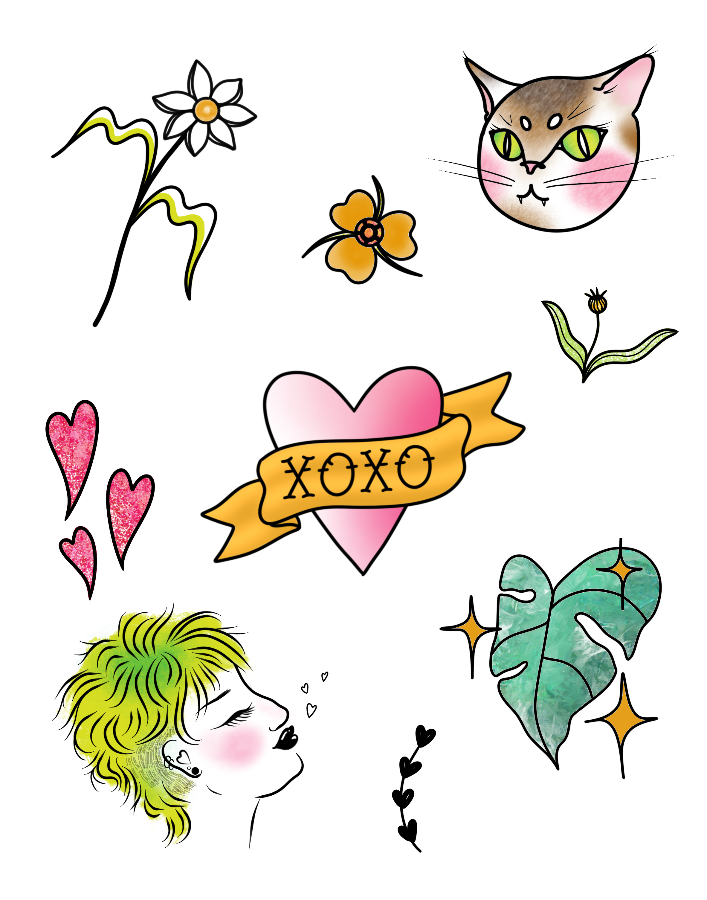 Collection of colorful, cartoon-style illustrations including a cat's face, flowers, a woman with a yellow-green hairstyle, a pink heart with a banner that says "XOXO," a green leaf, a small blackbeetle, and pink hearts.