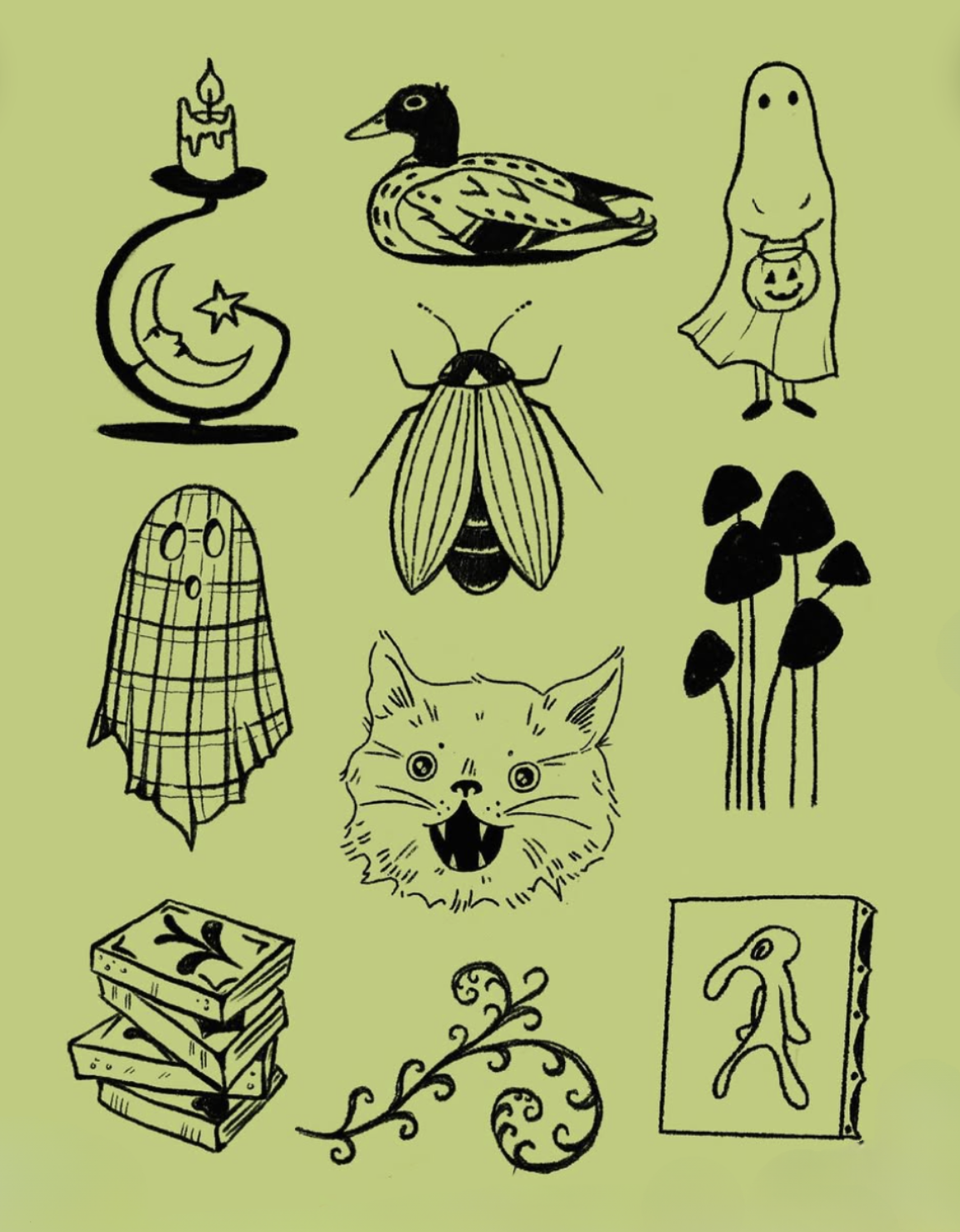 Collection of Halloween-themed illustrations including a candle in a holder, a duck, a ghost holding a pumpkin, a moth, a smiley face, a stack of books, a vine with leaves, and a framed drawing of a rabbit.