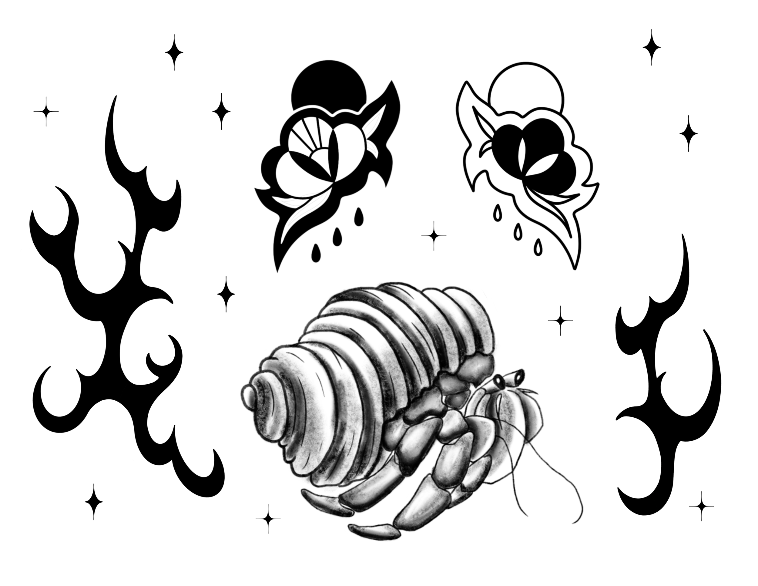 Black and white drawing of a large bug with a shell, surrounded by decorative flames, stars, and two flowers with teardrop shapes.