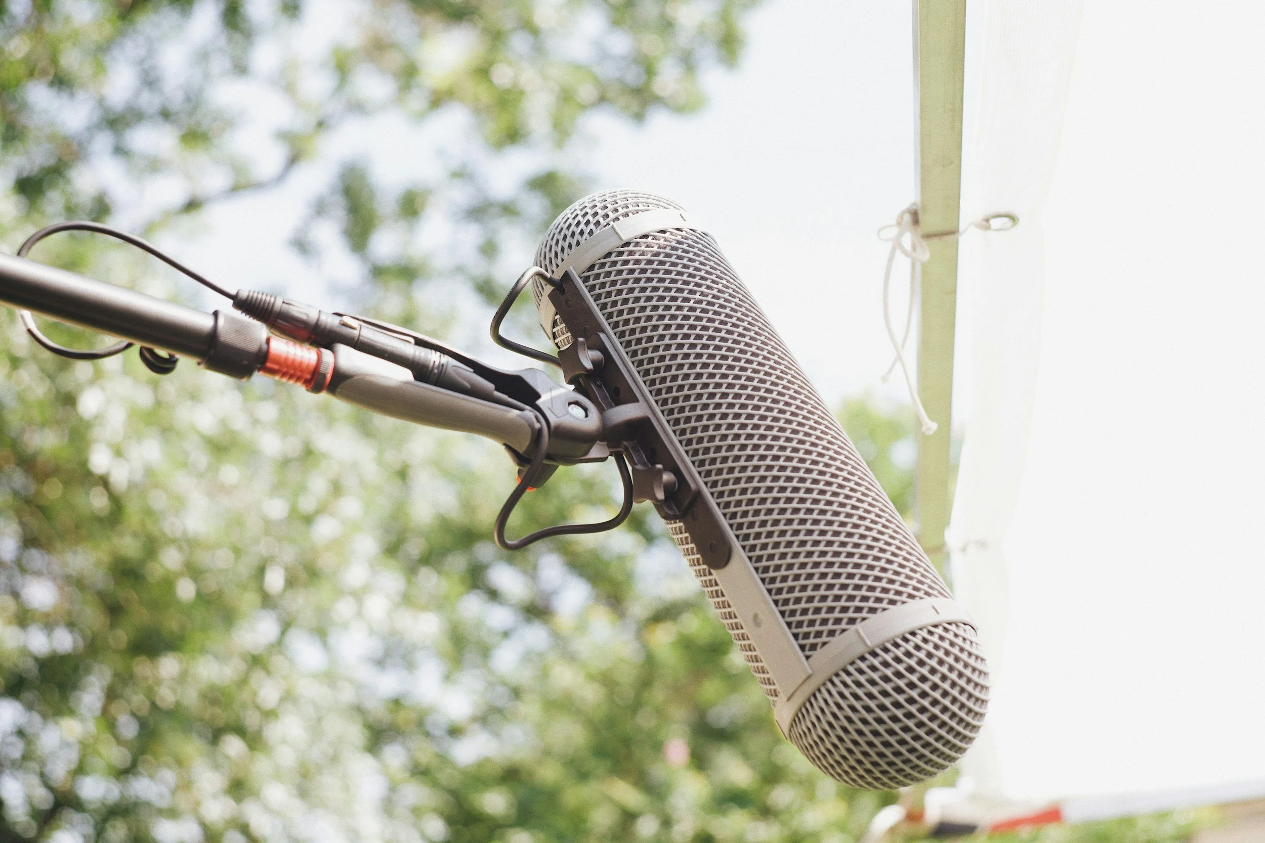 A professional recording microphone mounted on a stand outdoors, with leafy trees in the background.