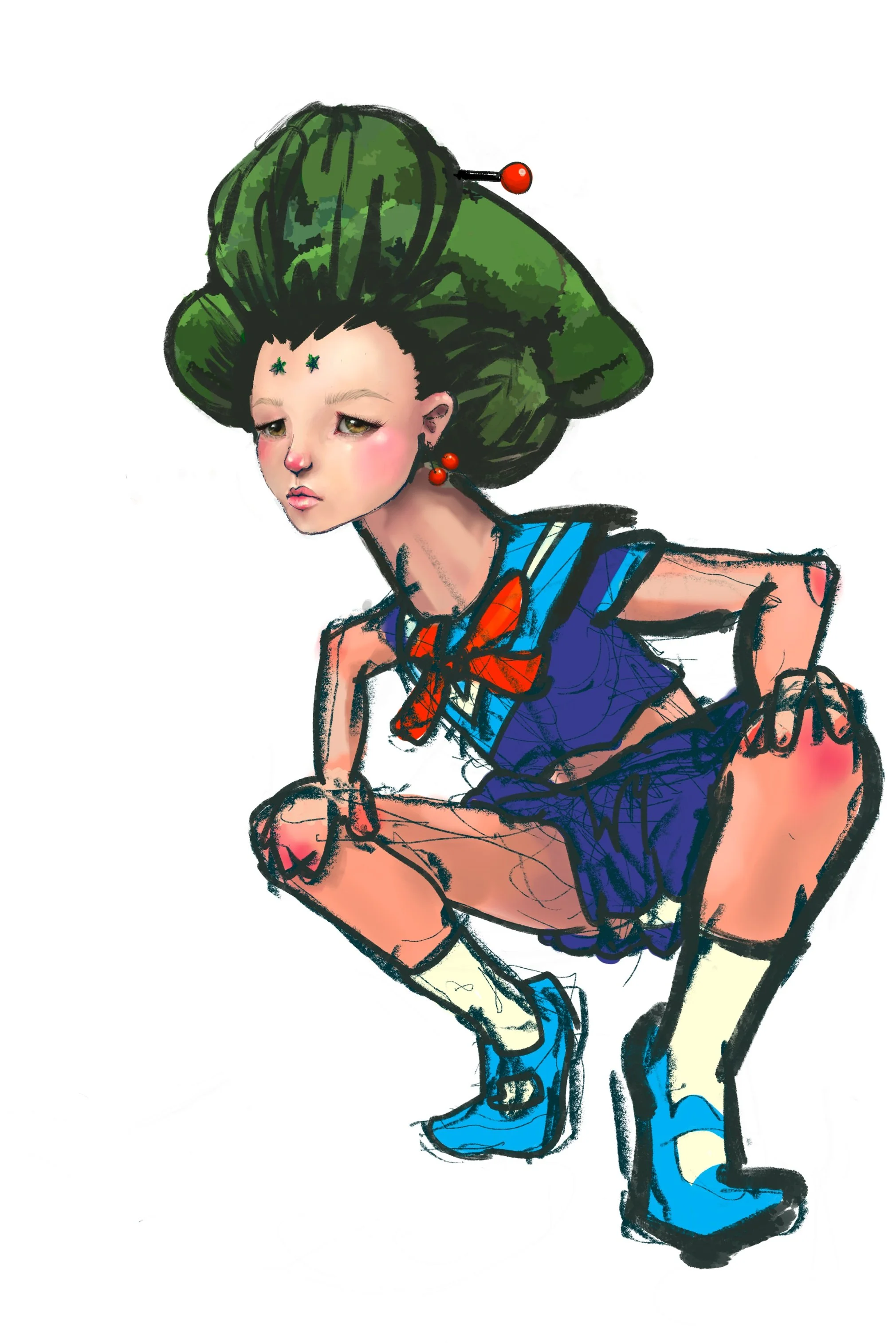 A digitally drawn girl with a stylized, exaggerated face and large hair, wearing a blue school uniform with a red bow, yellow socks, and blue shoes, squatting with pensive expression.
