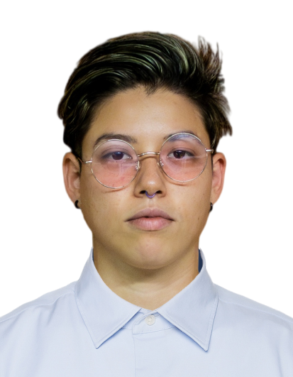 Person with short, dark hair with green streaks, wearing purple-tinted glasses and a white collared shirt