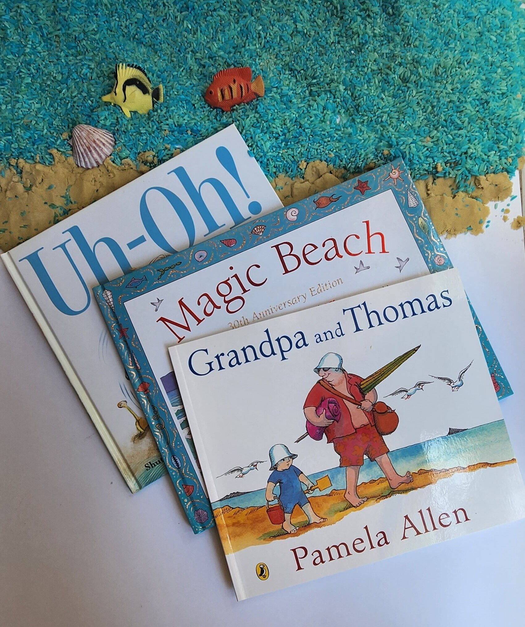 3 books displayed with sand, rice and fish