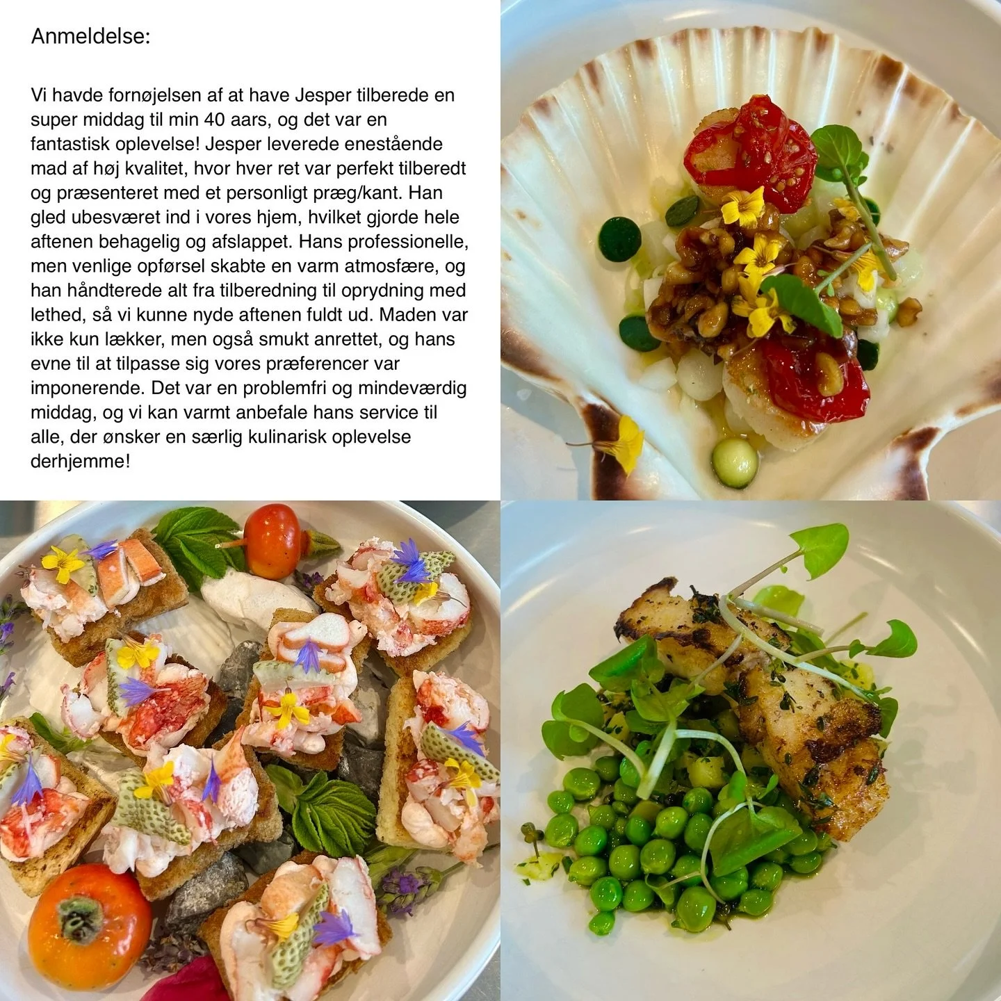 Jeg havde den store fornøjelse og står for Christians 40 års fødselsdag forleden👨‍🍳startede med lækre snacks i solen på terrassen☀️🍾🥂og efterfølgende 4 retters menu i private rammer.
Kæmpe s