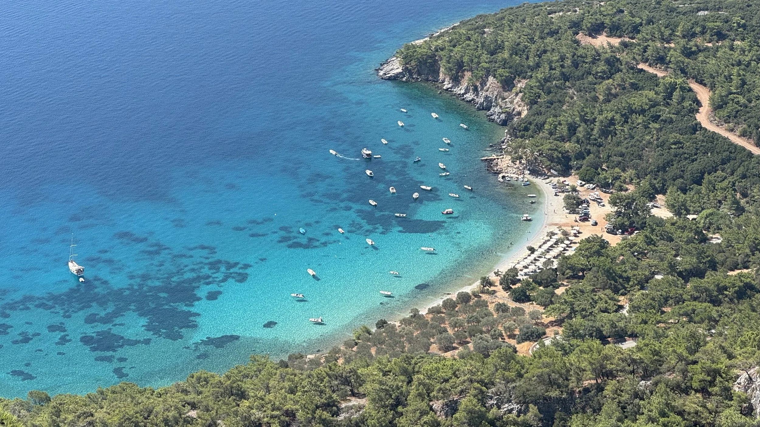 Vluchtzicht op een strand met helderblauw water en meerdere boten, omgeven door groene bomen en een weg met parkeren.