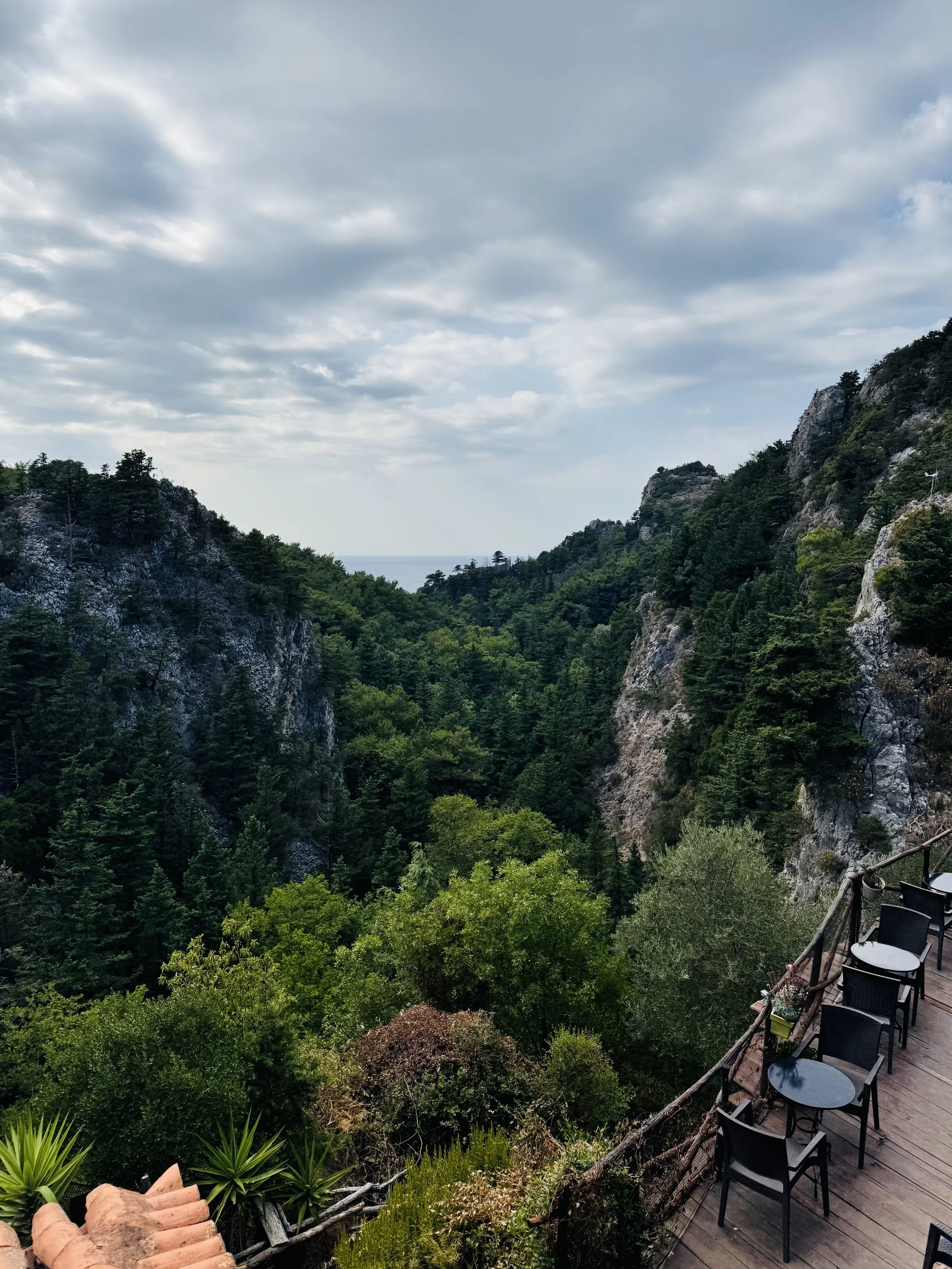 Uitzicht vanaf een terras met stoelen op een bosrijk landschap met kliffen en de zee op de achtergrond onder een bewolkte hemel.