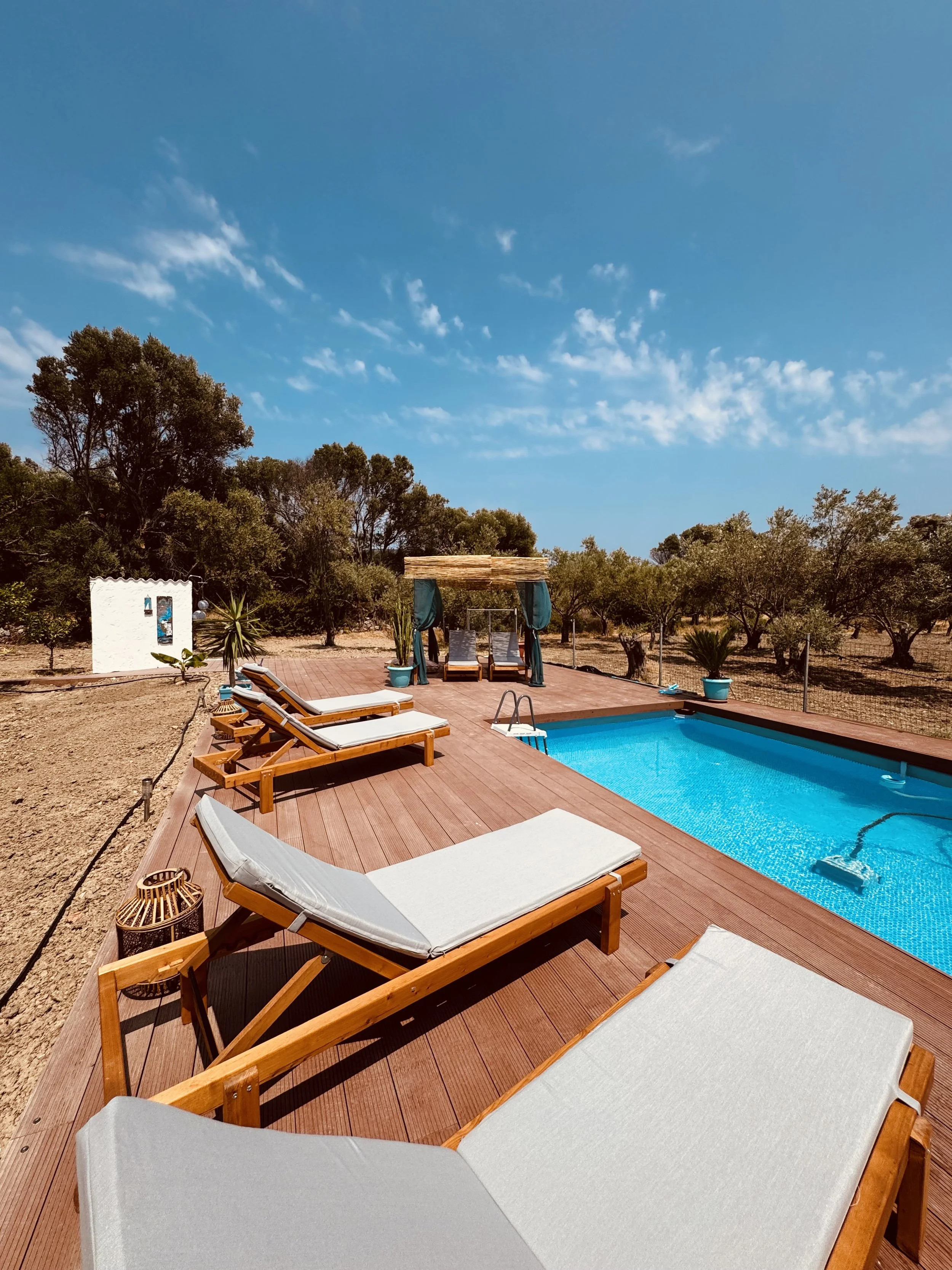 Zwembad met houten ligbedden en palmbomen op een terras, onder een blauwe hemel.