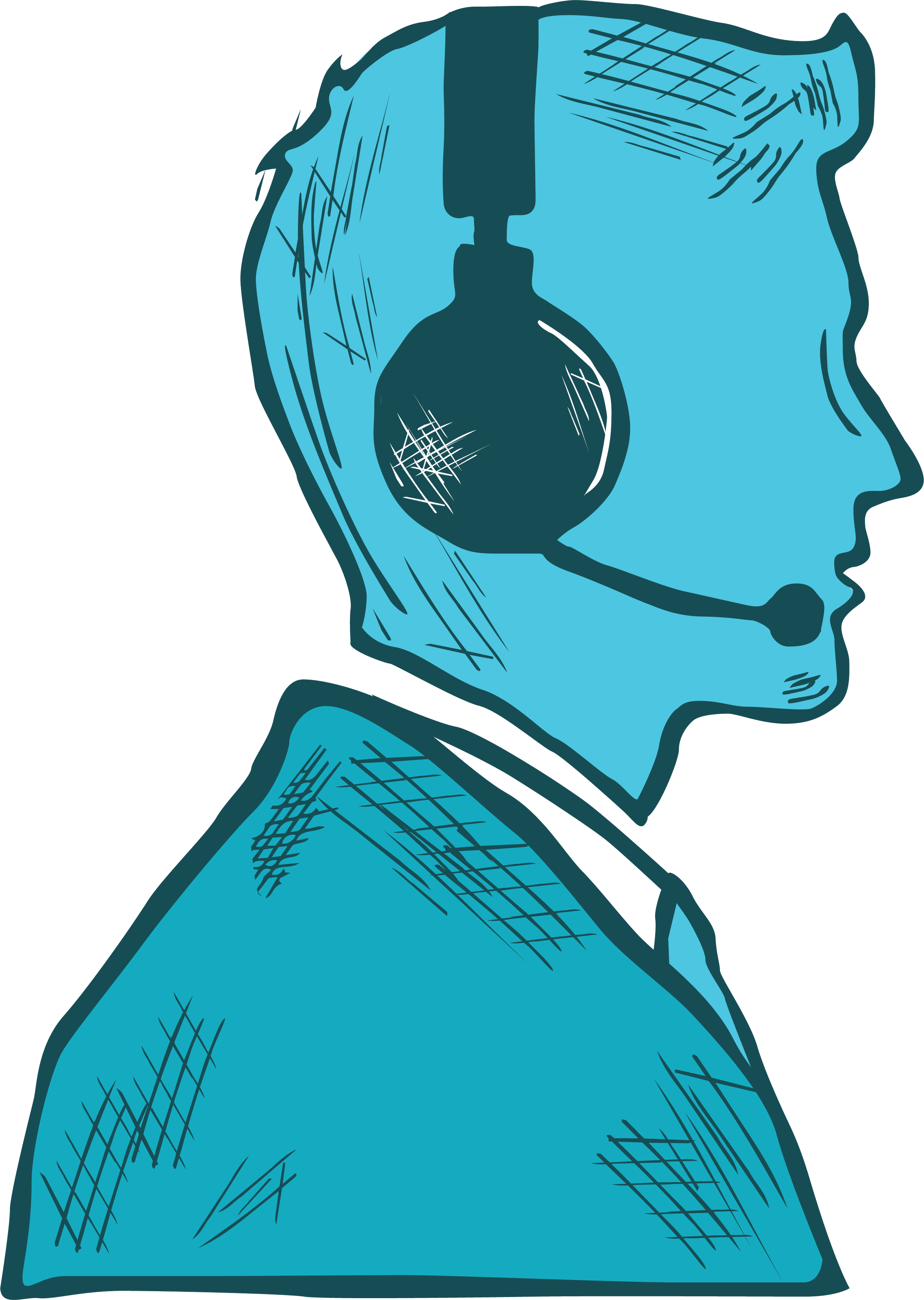 Side profile of a person wearing a hoodie, depicted in a stylized, sketch-like blue illustration, with visible lines and shading.