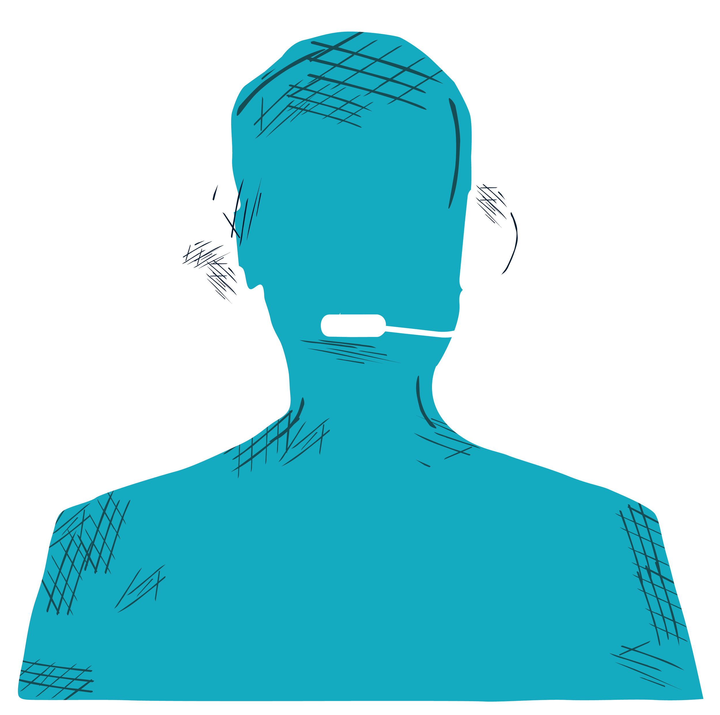 Blue illustration of a person's upper body wearing a headset with a microphone, with scribbled black lines representing hair and background.