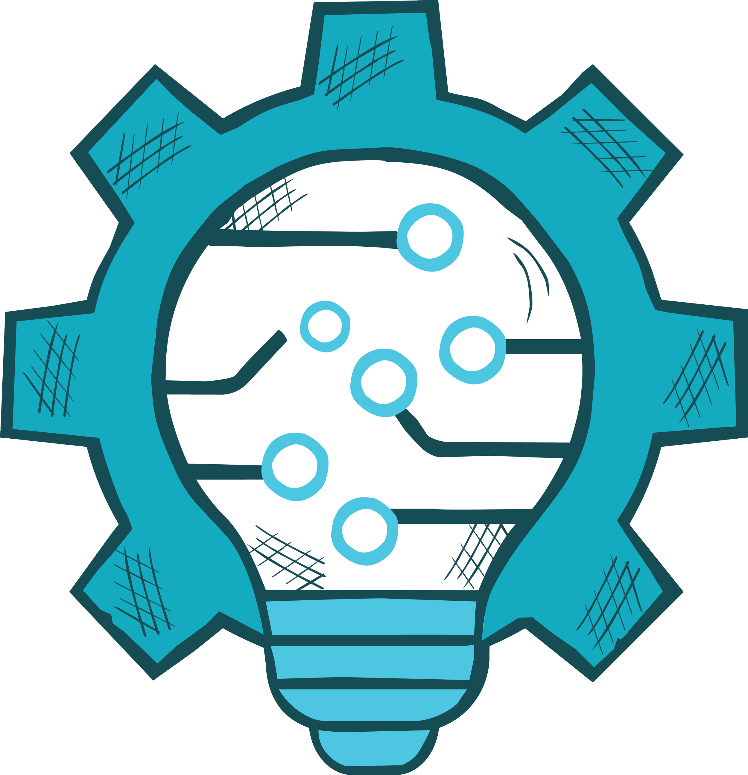 A stylized illustration of a gear with a lightbulb in the center. The gear is blue with darker blue outlines and shading, while the lightbulb is white with blue accents.