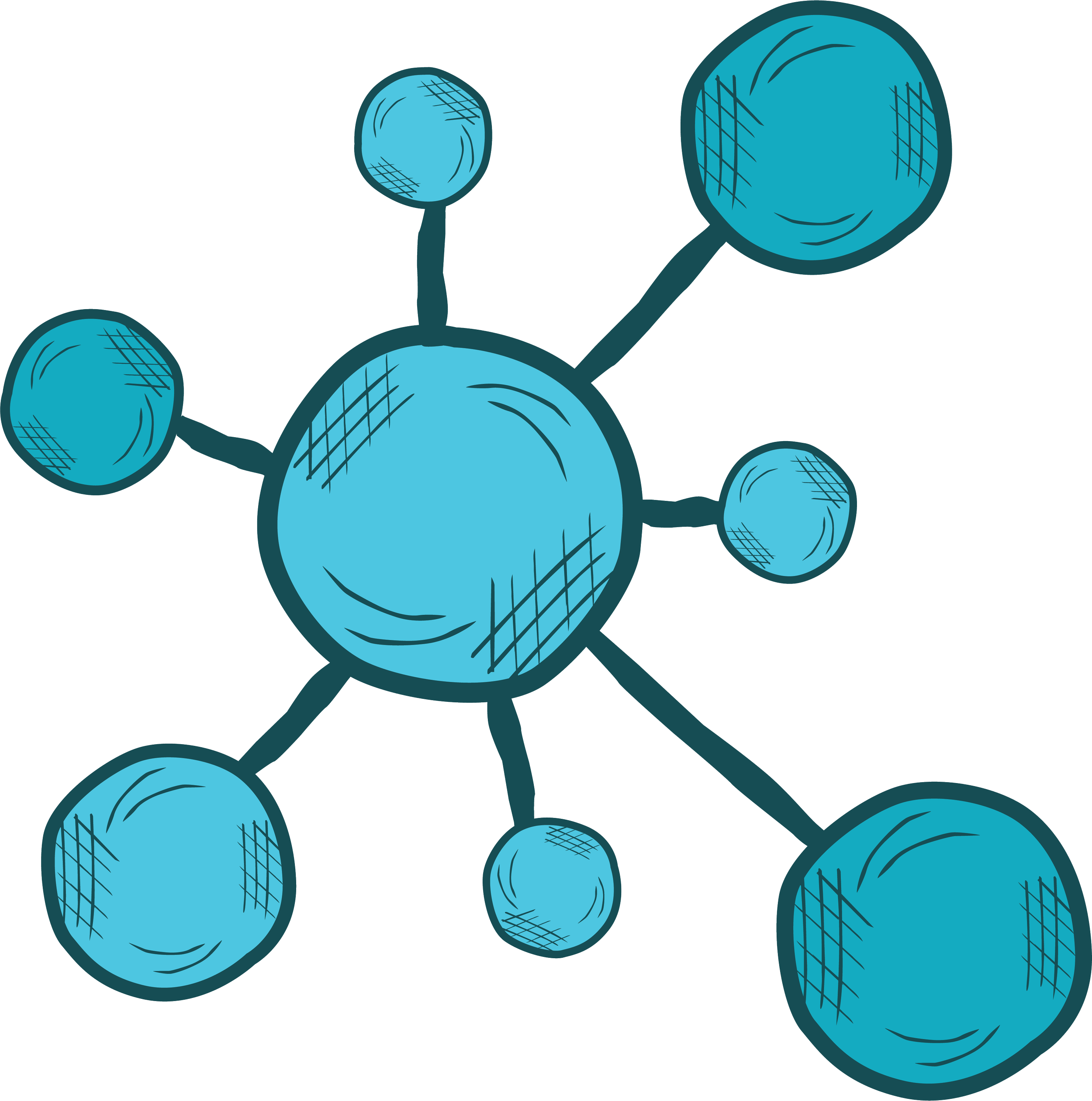 Illustration of interconnected molecules or atoms in blue with black outlines and hatch shading.