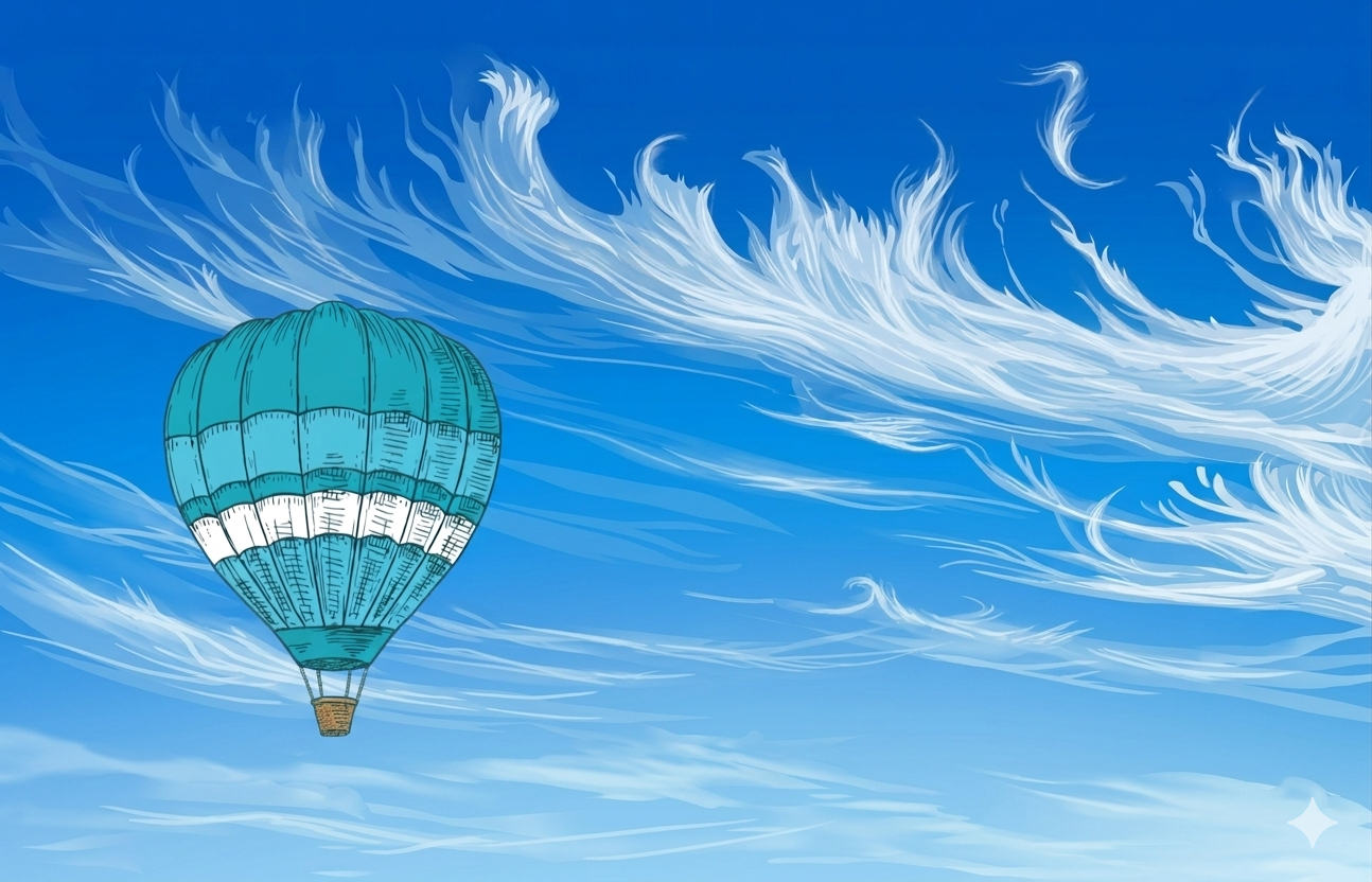 A hot air balloon floating in the sky with white wispy Cirrus clouds.